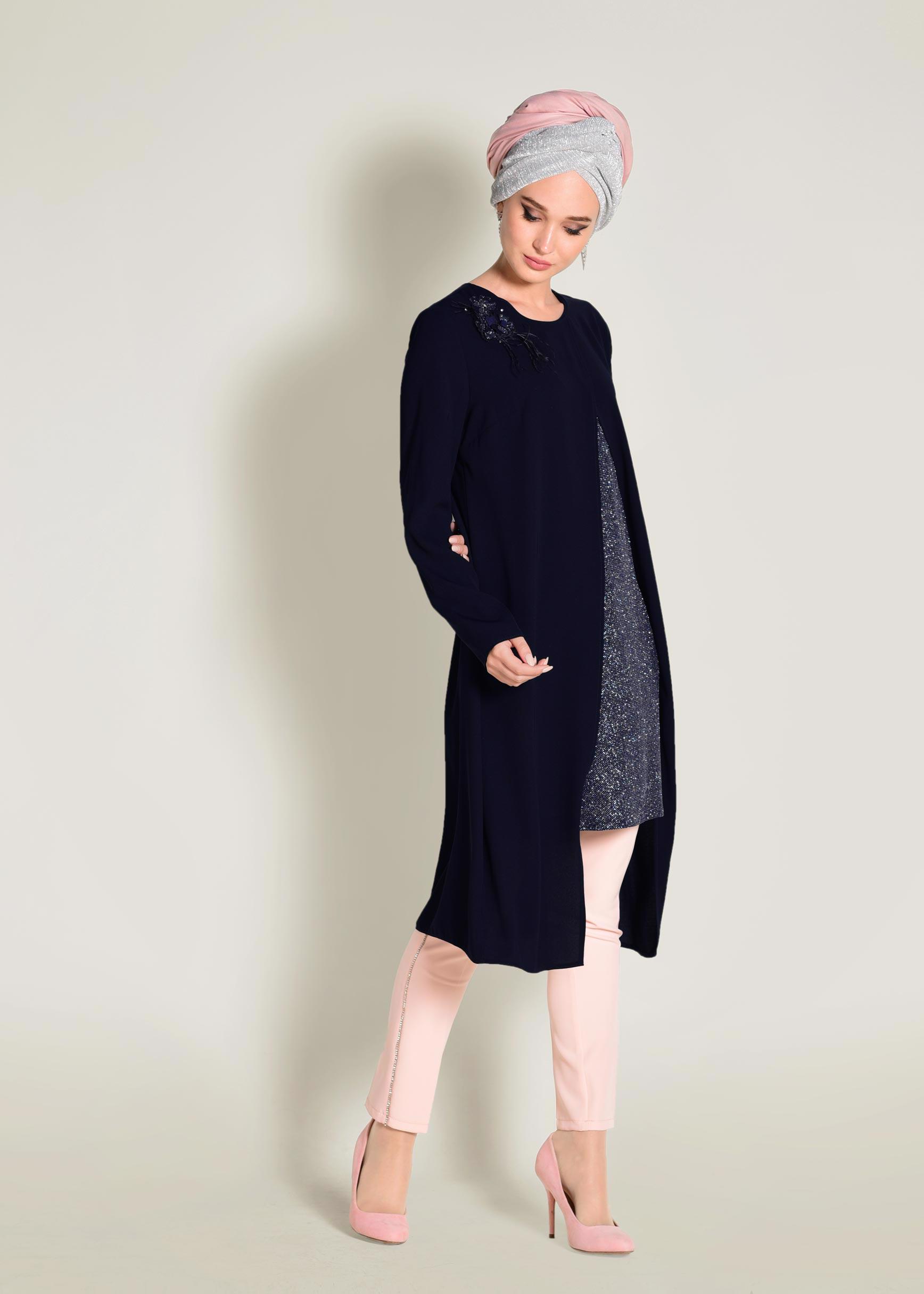 Tesettür giyim LACİVERT SİMLİ ASİMETRİK KESİM TUNİK 4072