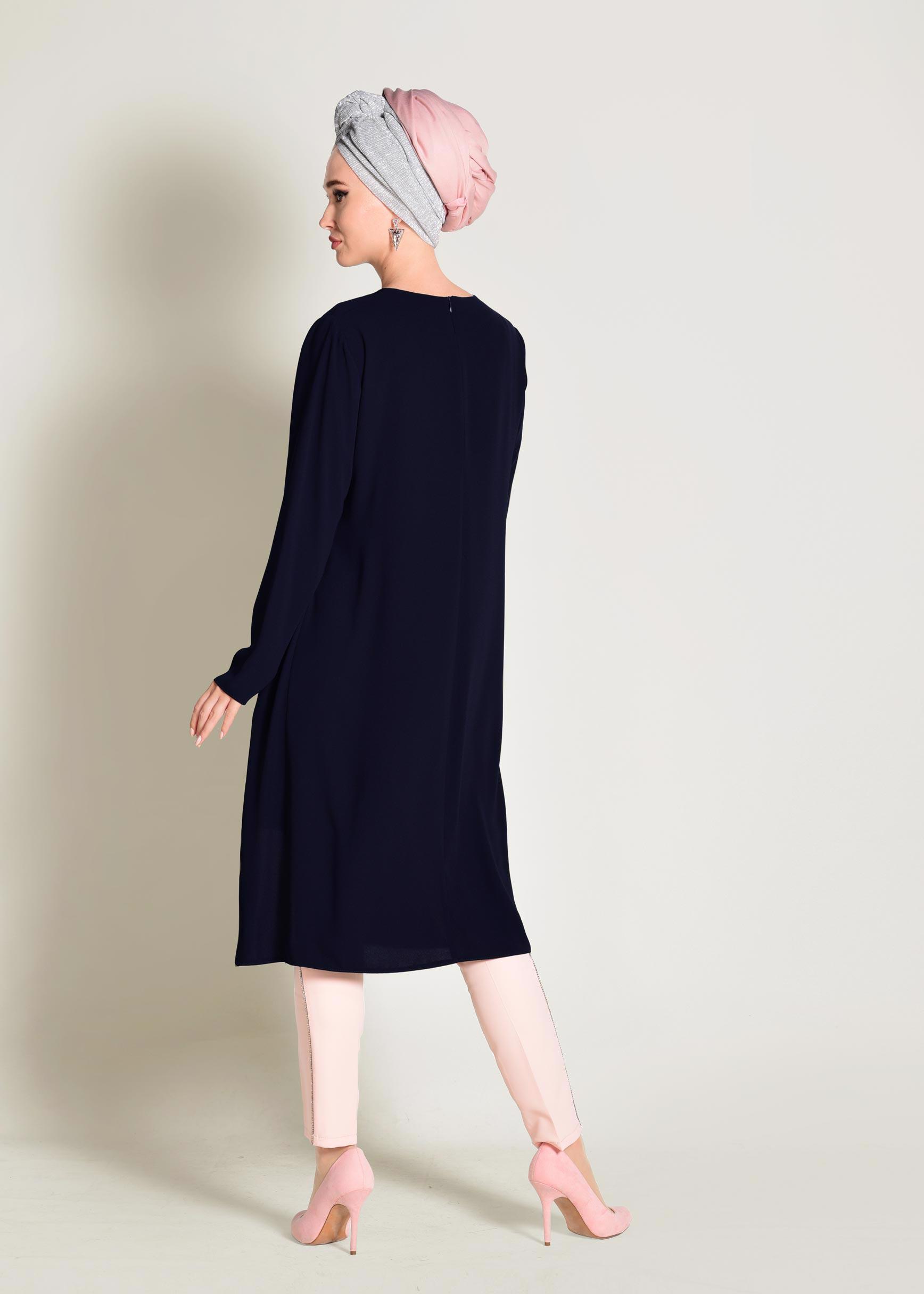 Tesettür giyim LACİVERT SİMLİ ASİMETRİK KESİM TUNİK 4072