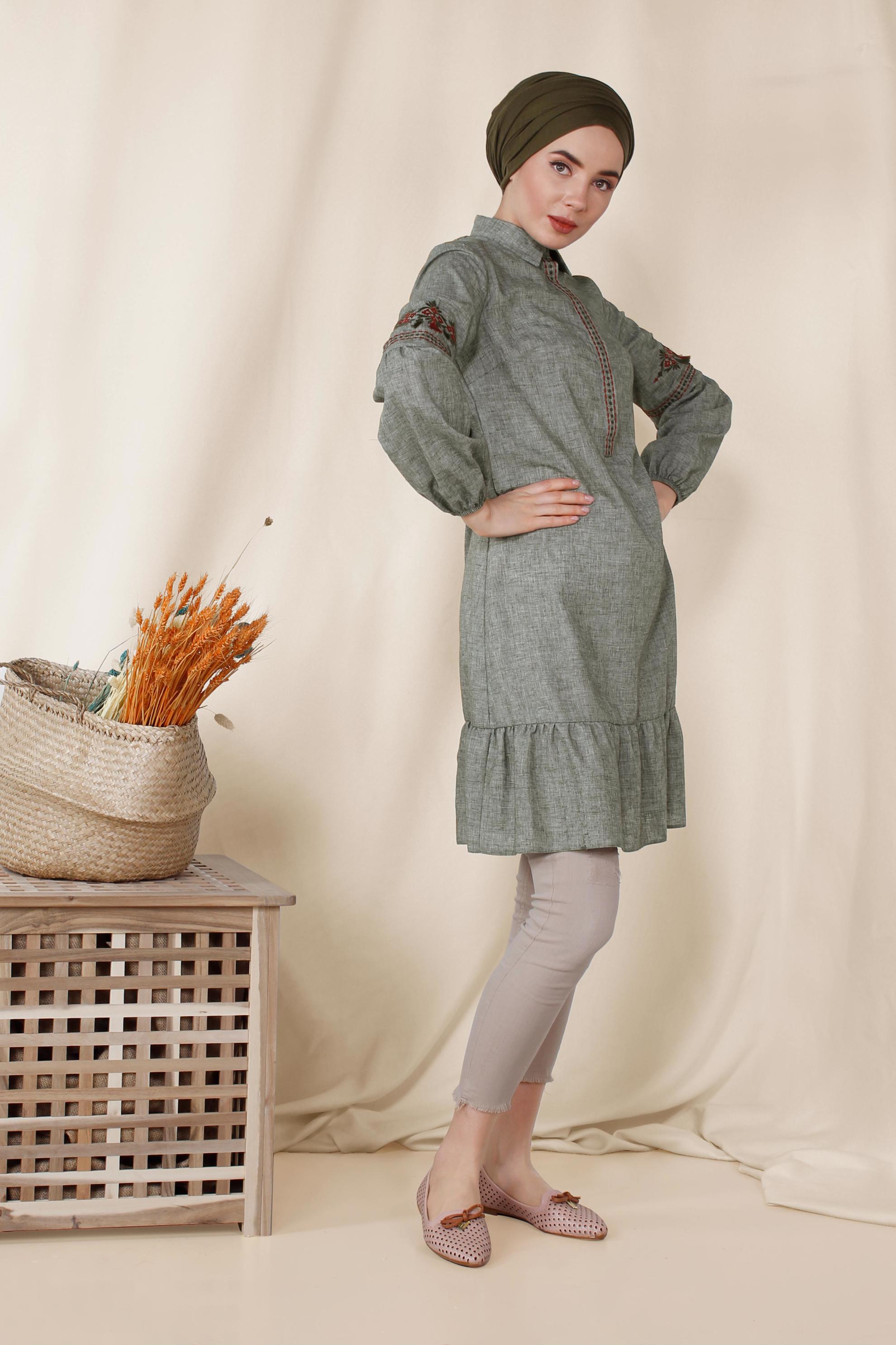 Tesettür giyim HAKİ İŞLEMELİ KETEN TUNİK 4091