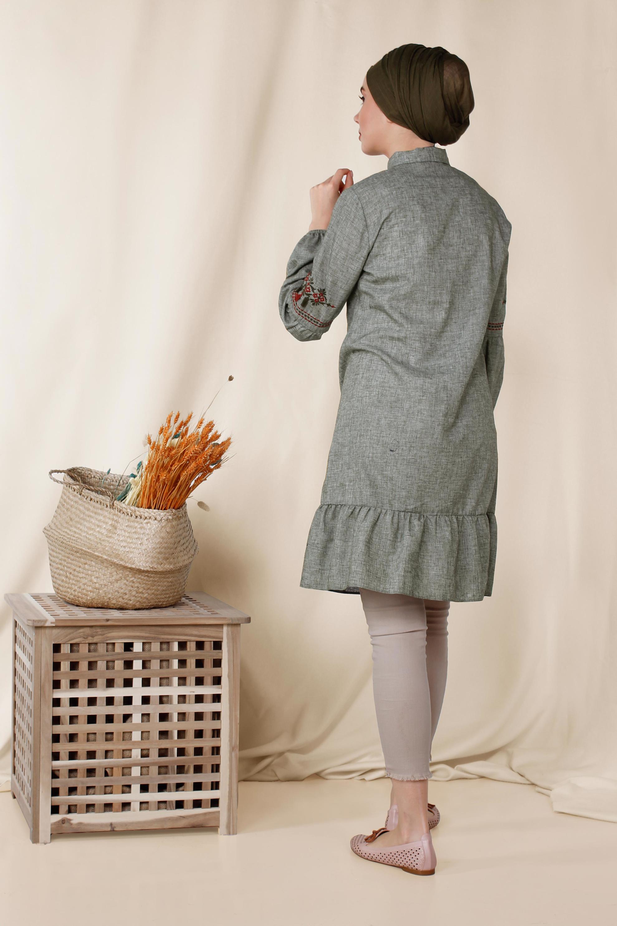 Tesettür giyim HAKİ İŞLEMELİ KETEN TUNİK 4091