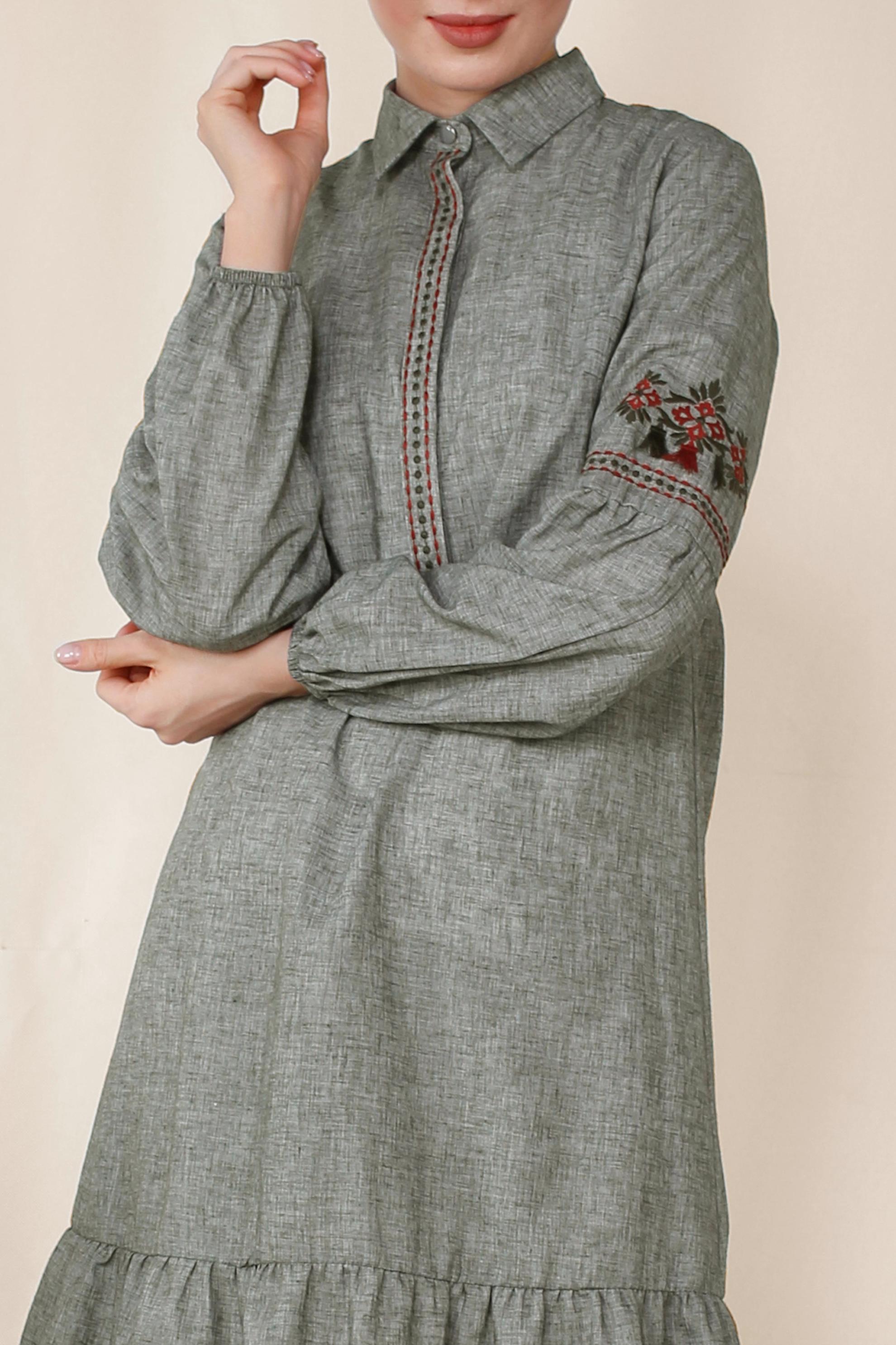 Tesettür giyim HAKİ İŞLEMELİ KETEN TUNİK 4091