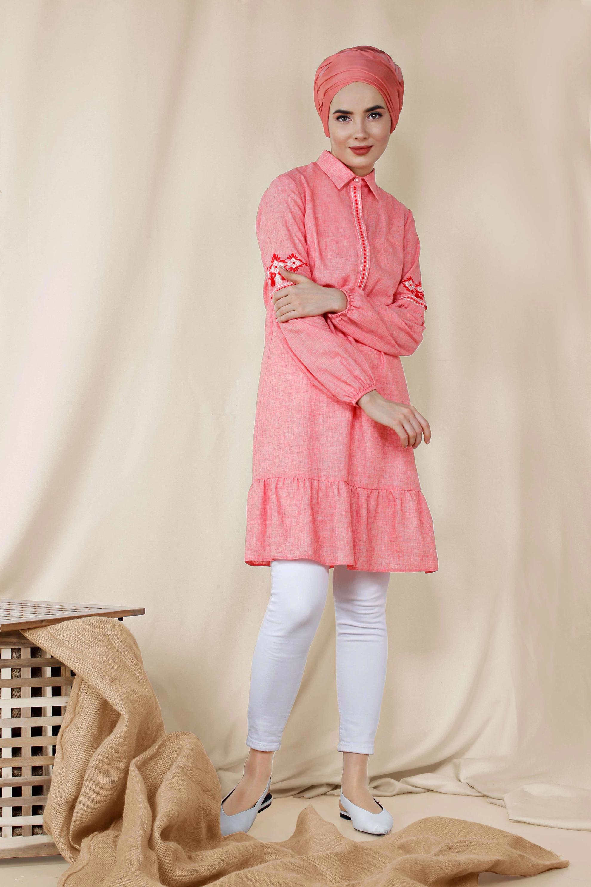 Tesettür giyim MERCAN İŞLEMELİ KETEN TUNİK 4091