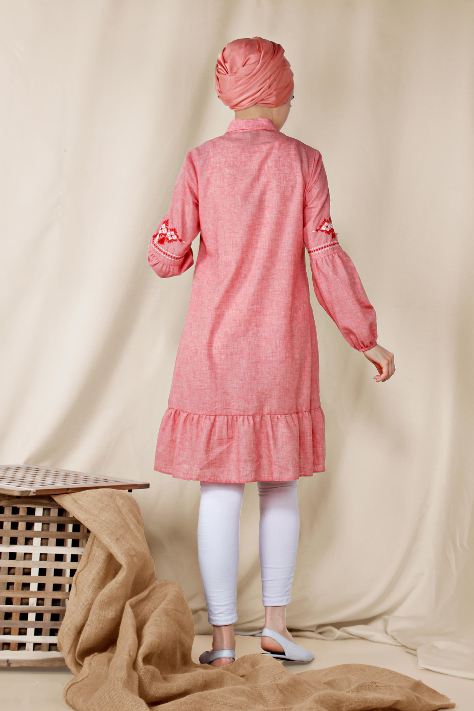 Tesettür giyim MERCAN İŞLEMELİ KETEN TUNİK 4091