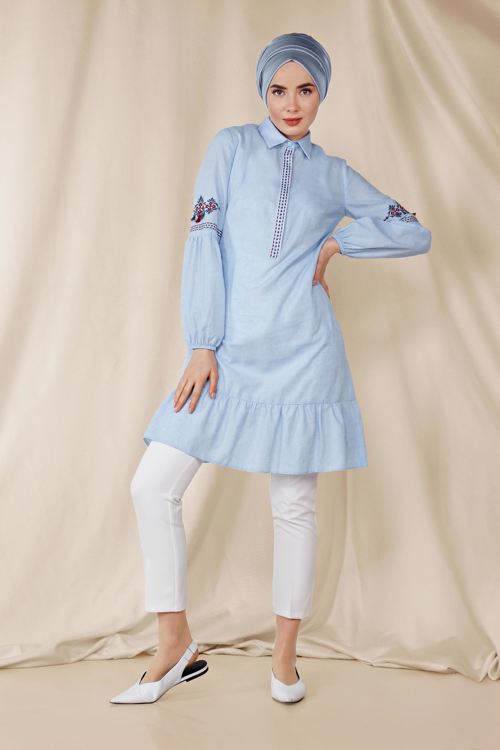 Tesettür giyim MAVİ İŞLEMELİ KETEN TUNİK 4091