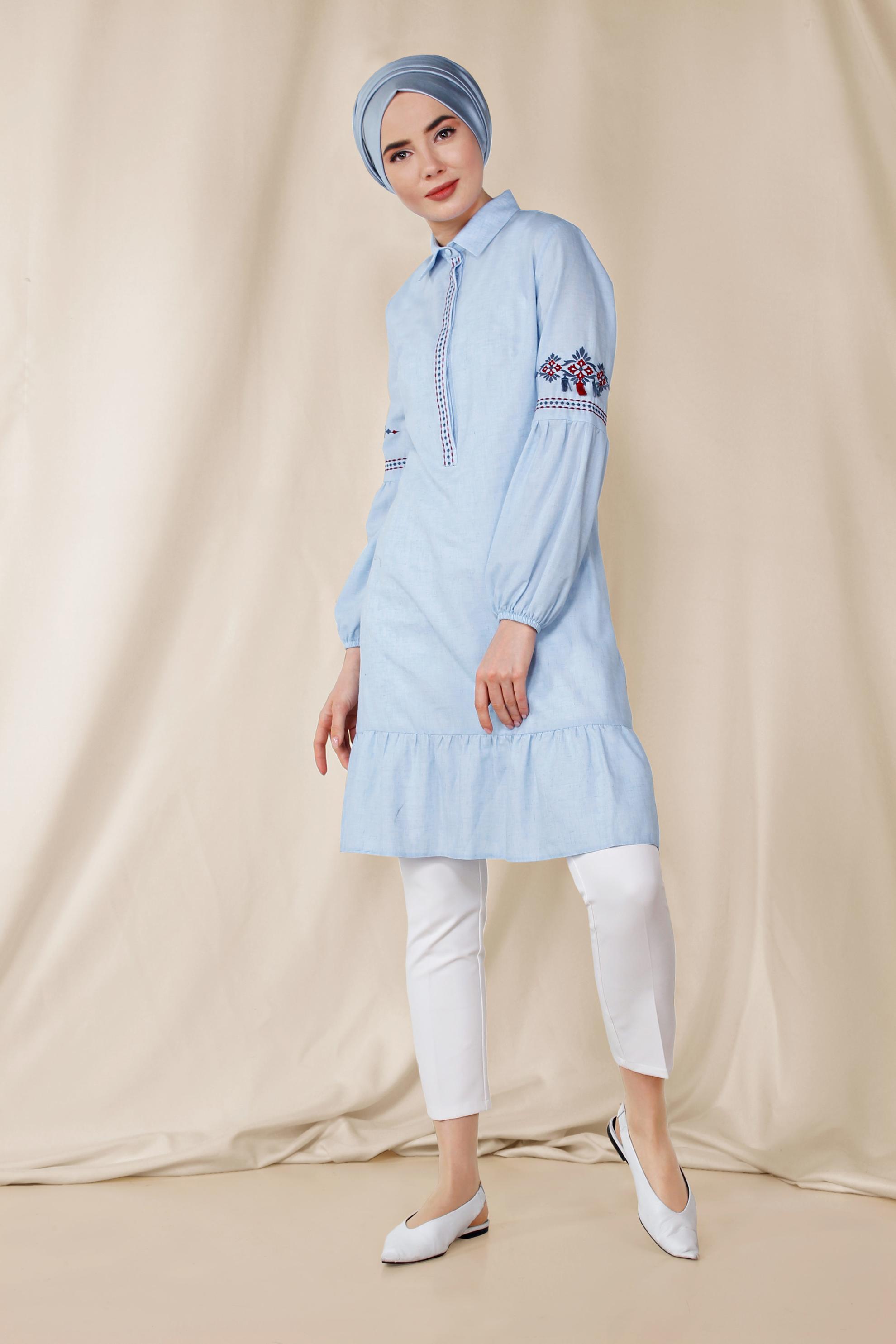 Tesettür giyim MAVİ İŞLEMELİ KETEN TUNİK 4091