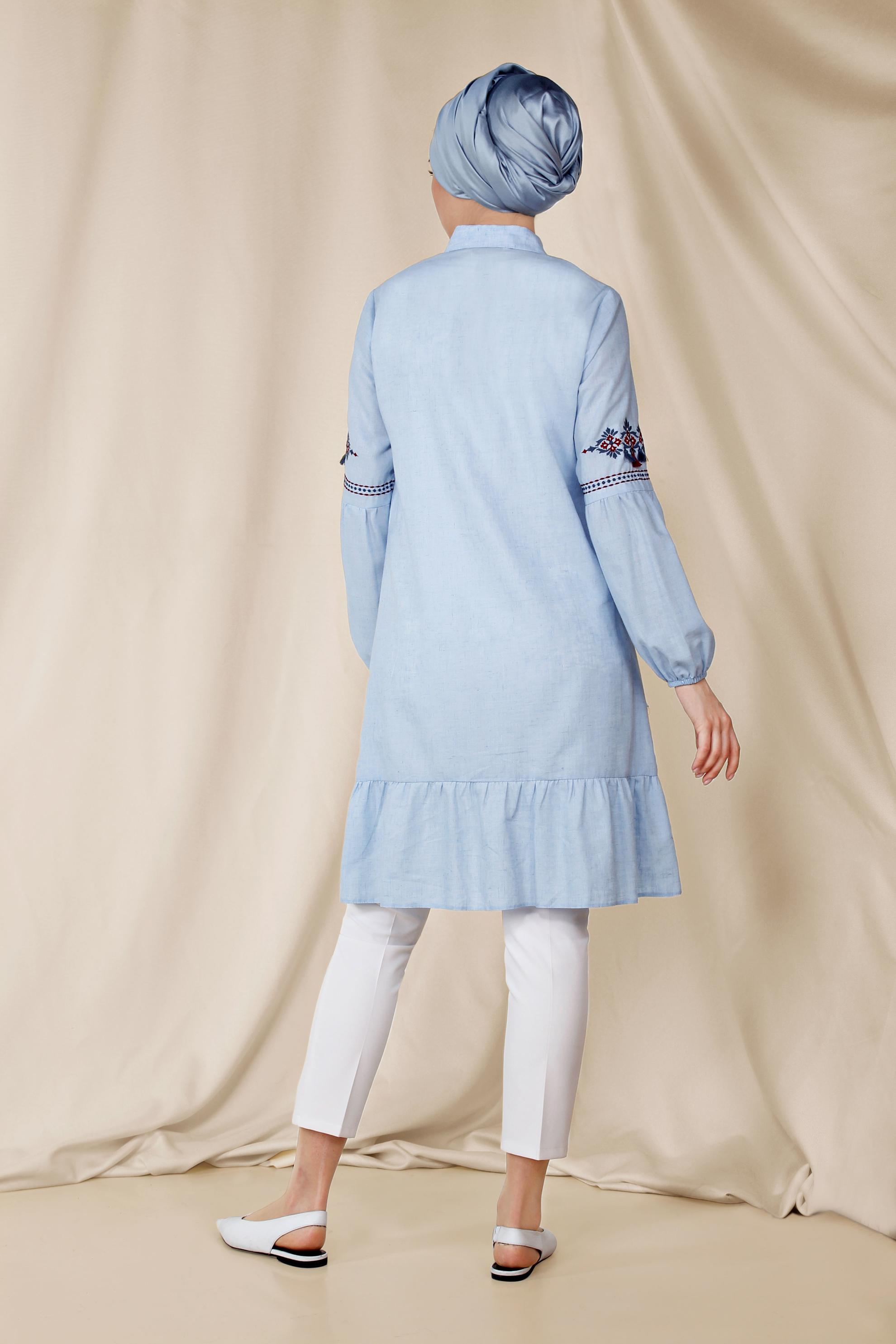 Tesettür giyim MAVİ İŞLEMELİ KETEN TUNİK 4091