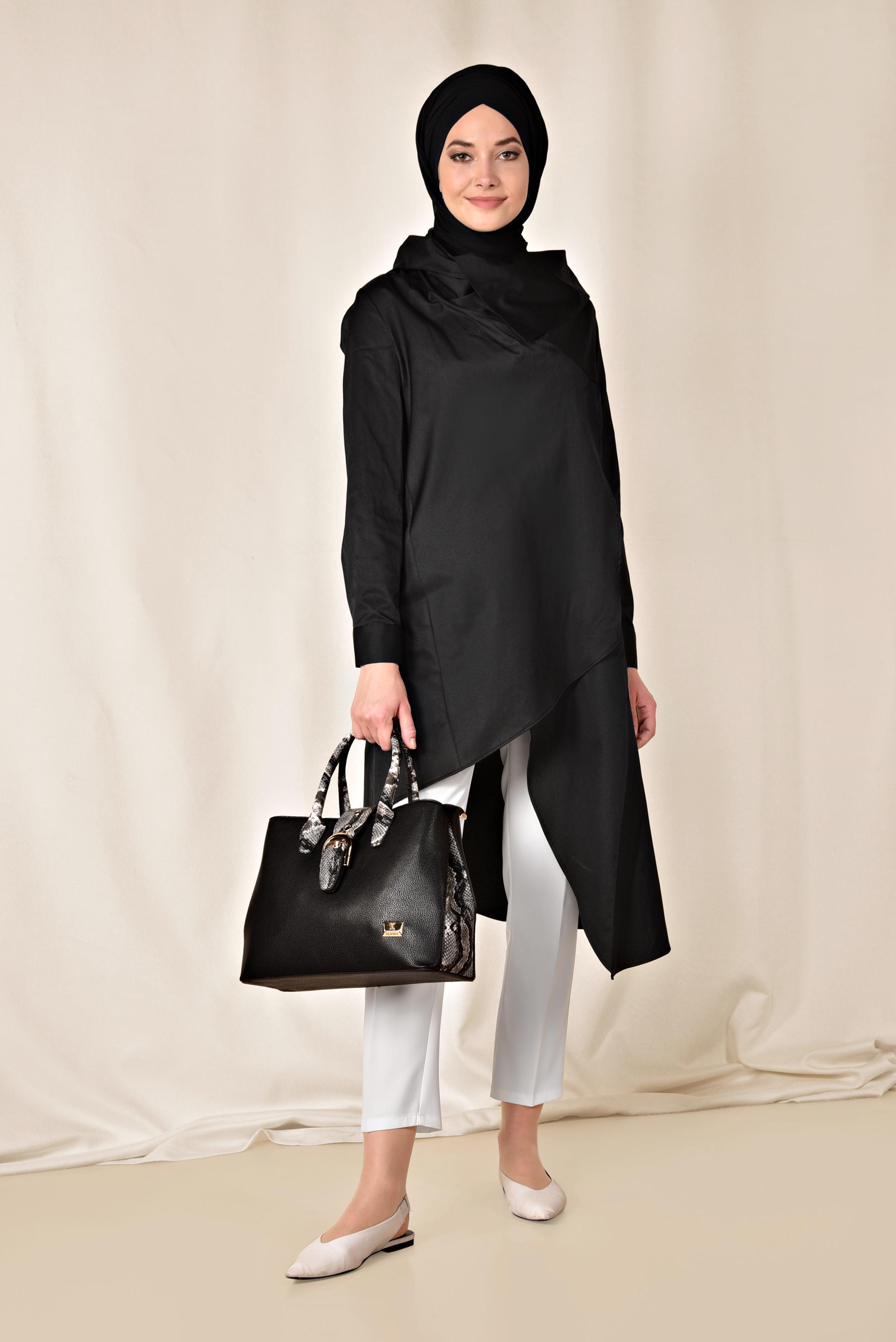 Tesettür giyim SİYAH PAMUKLU ASİMETRİK TUNİK 4095