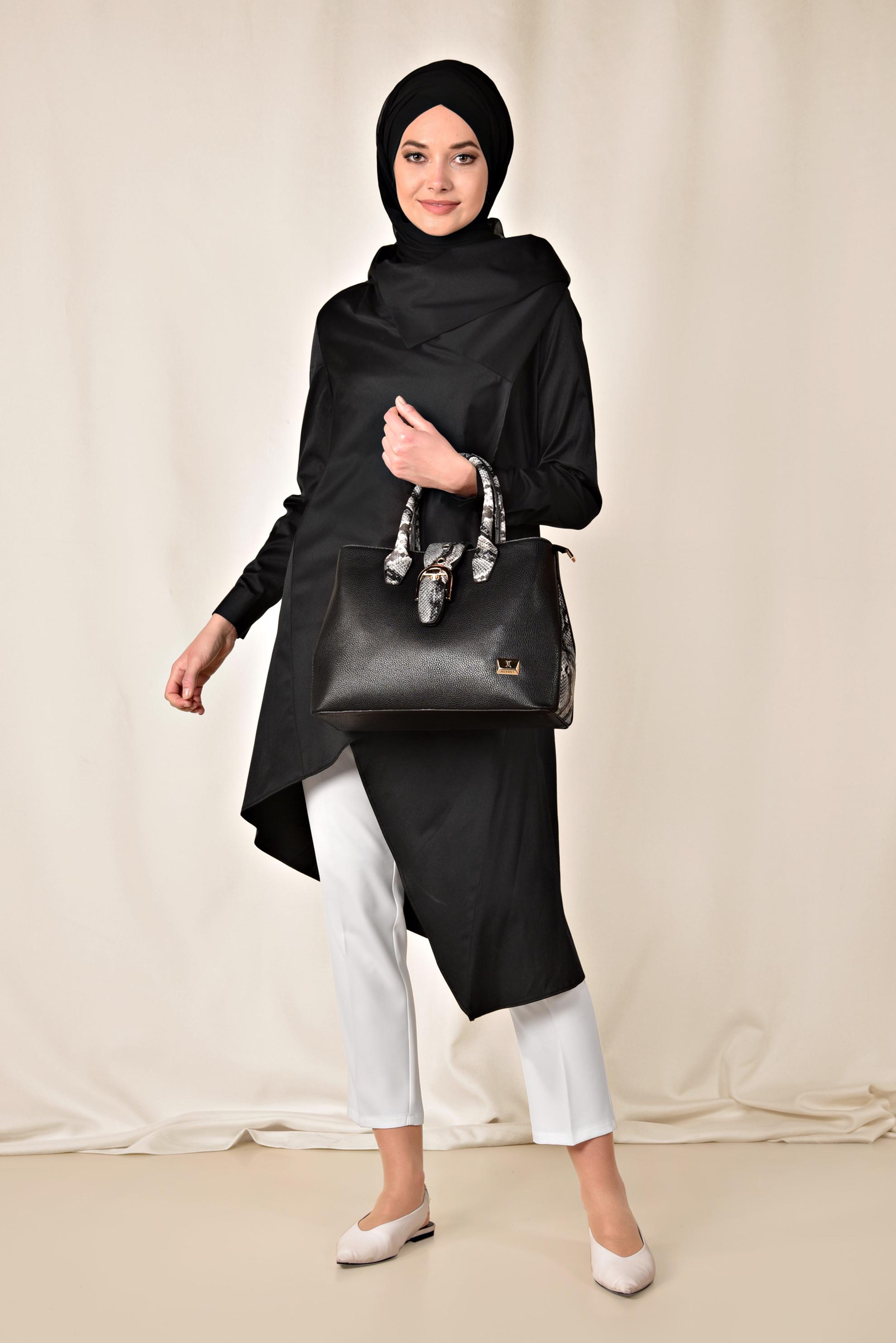 Tesettür giyim SİYAH PAMUKLU ASİMETRİK TUNİK 4095