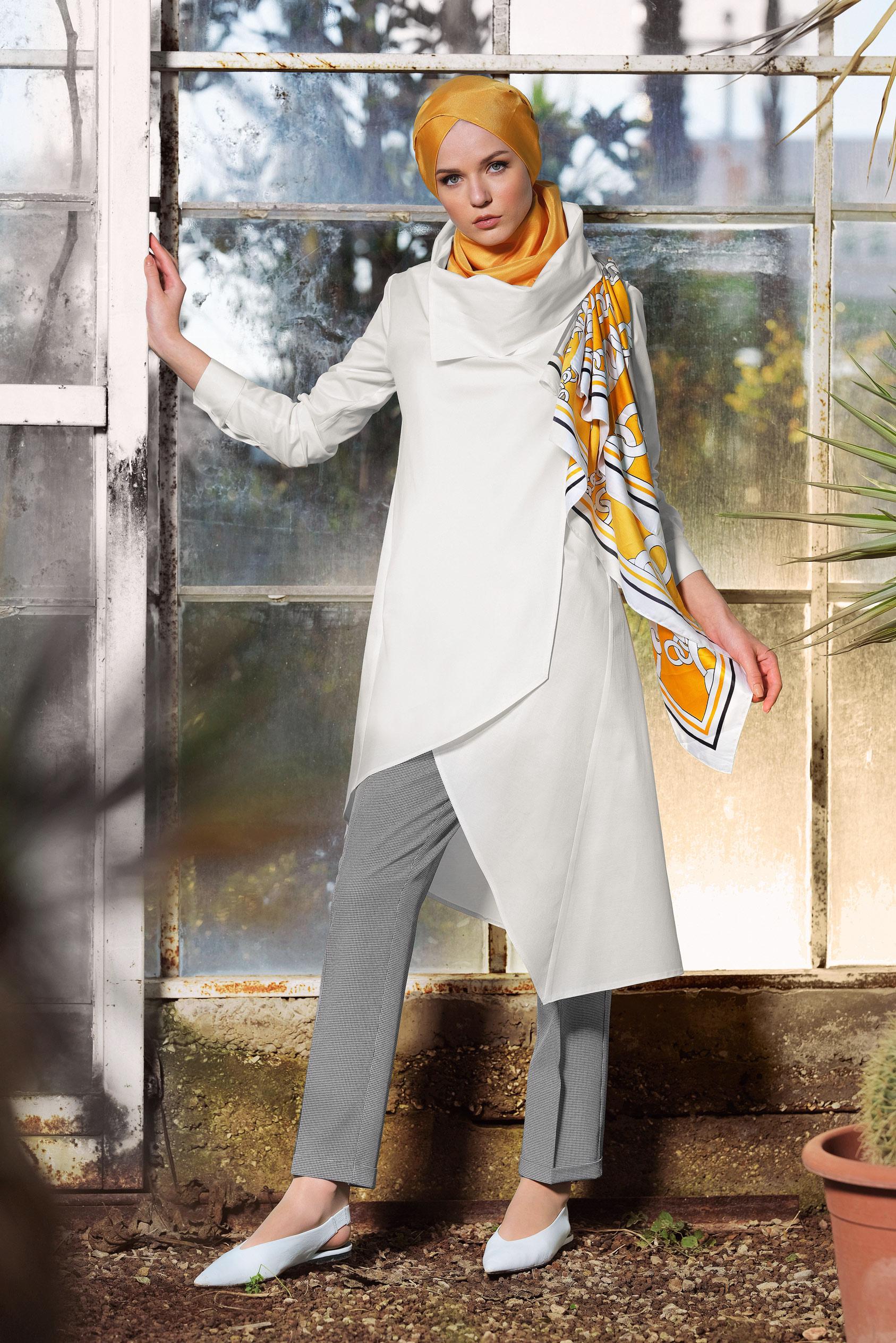 Tesettür giyim BEYAZ PAMUKLU ASİMETRİK TUNİK 4095