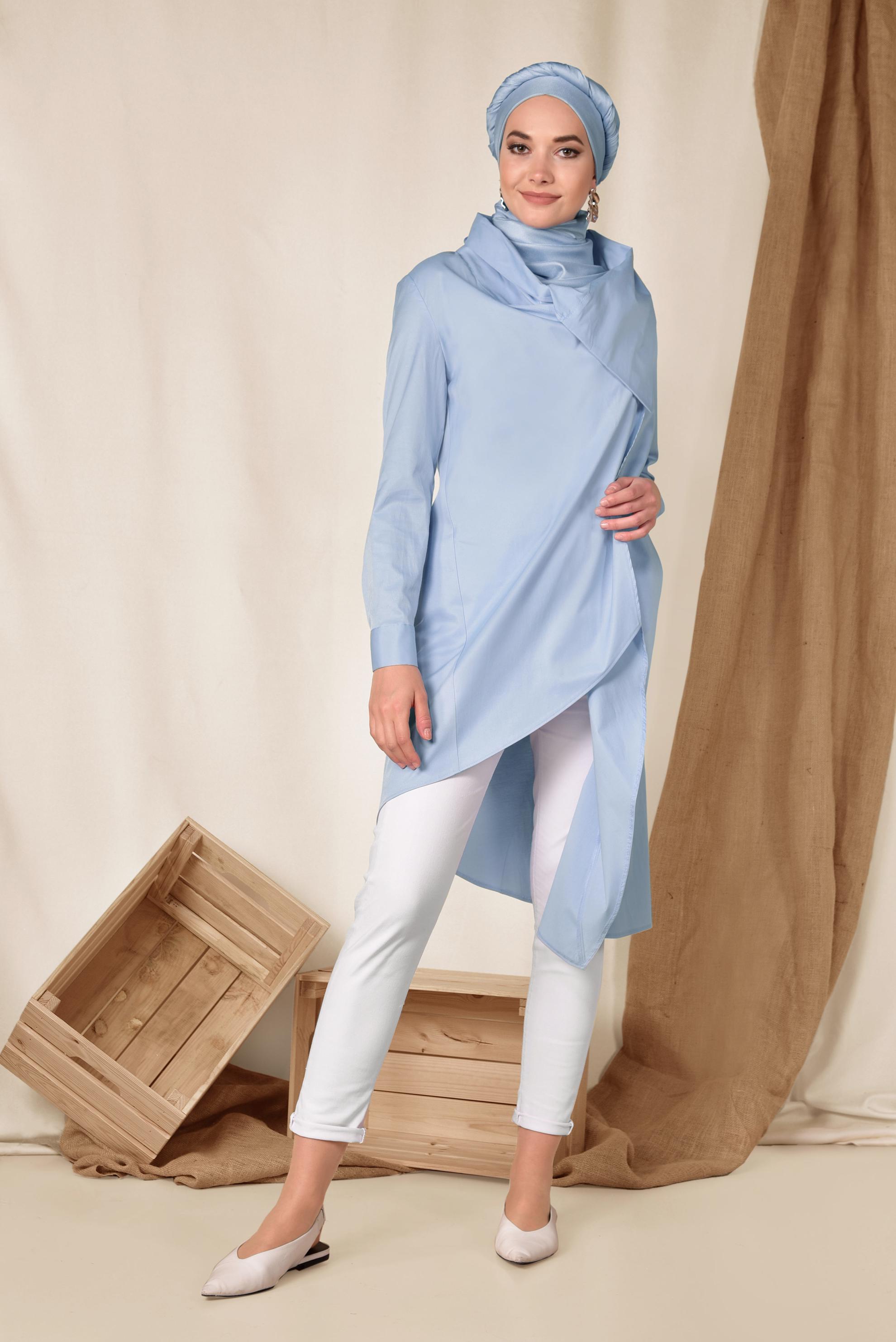 Tesettür giyim MAVİ PAMUKLU ASİMETRİK TUNİK 4095