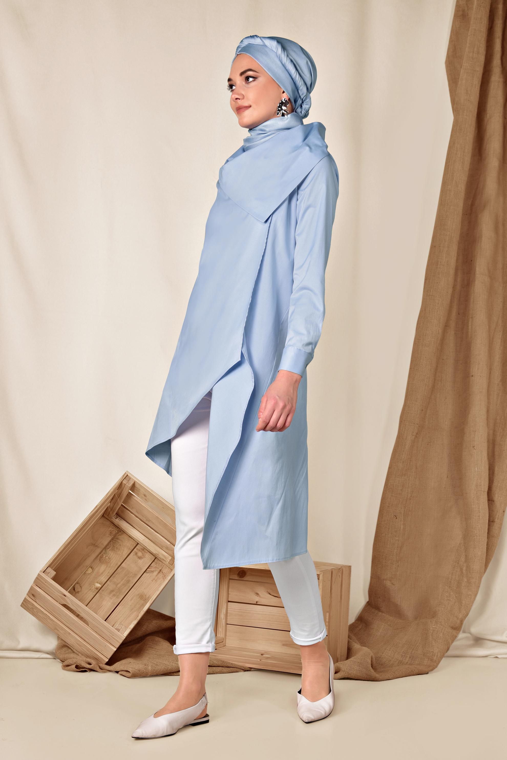 Tesettür giyim MAVİ PAMUKLU ASİMETRİK TUNİK 4095