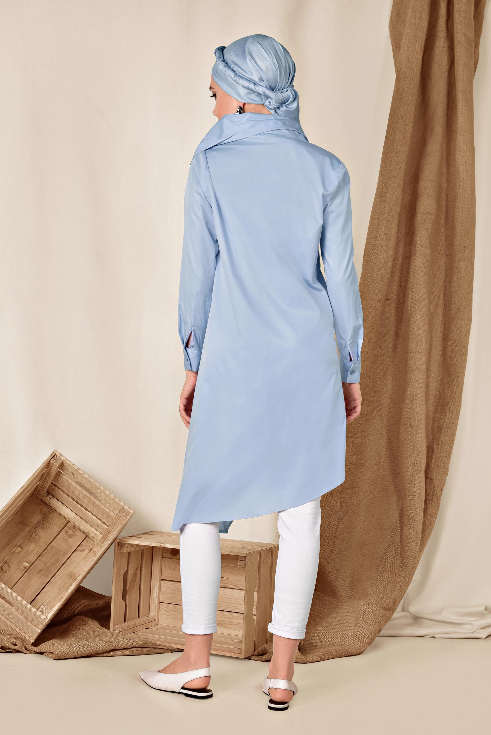 Tesettür giyim MAVİ PAMUKLU ASİMETRİK TUNİK 4095