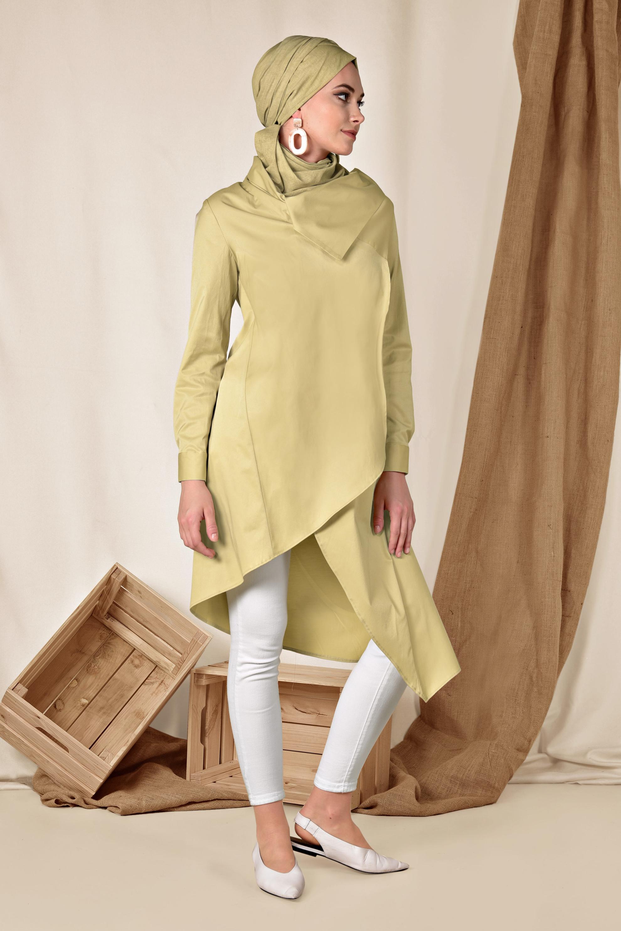 Tesettür giyim SARI PAMUKLU ASİMETRİK TUNİK 4095