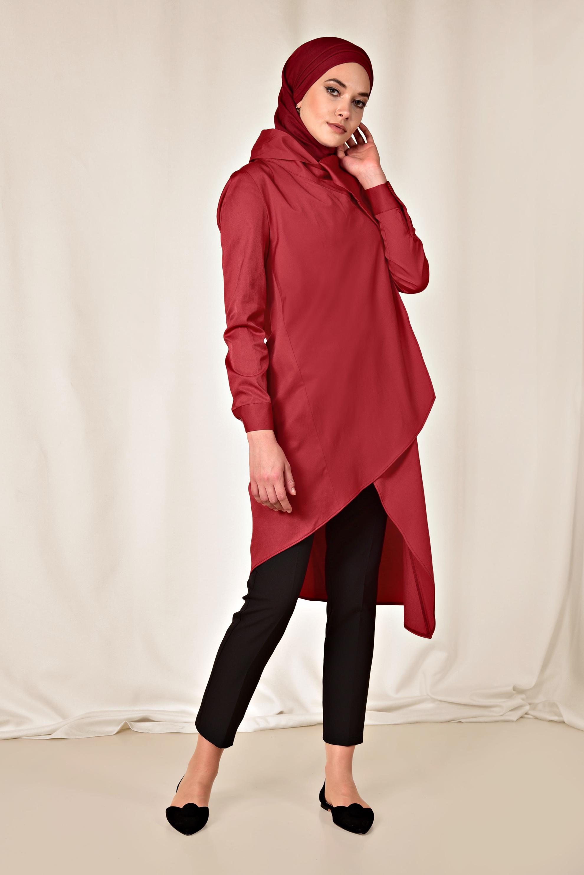 Tesettür giyim BORDO PAMUKLU ASİMETRİK TUNİK 4095