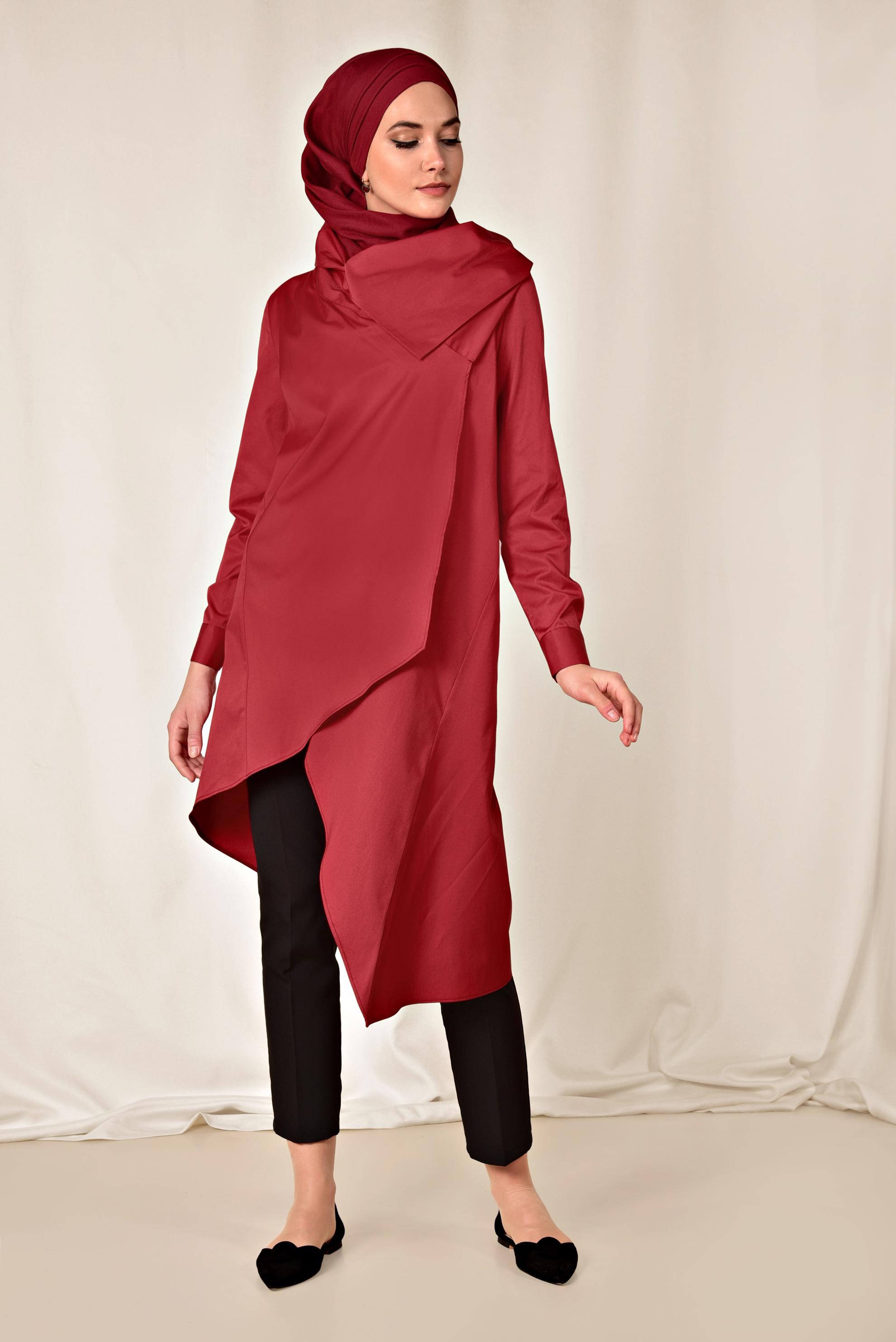 Tesettür giyim BORDO PAMUKLU ASİMETRİK TUNİK 4095