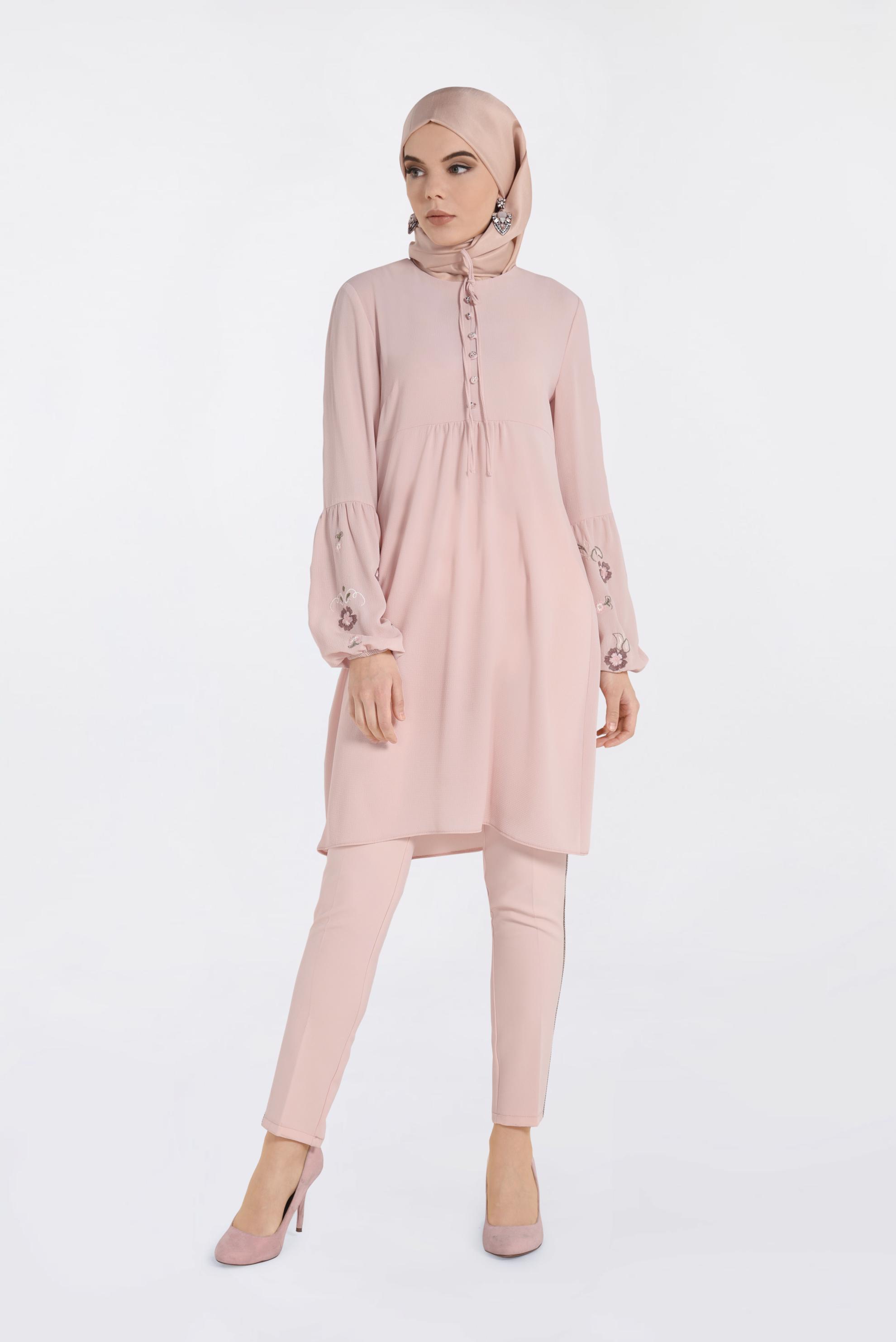 Tesettür giyim PUDRA KOLLARI NAKIŞLI TUNİK 4108