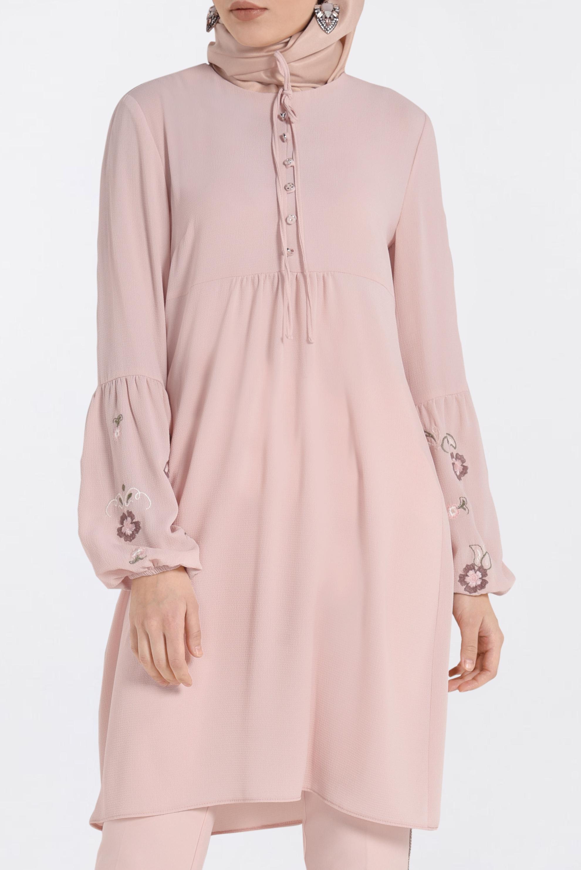 Tesettür giyim PUDRA KOLLARI NAKIŞLI TUNİK 4108