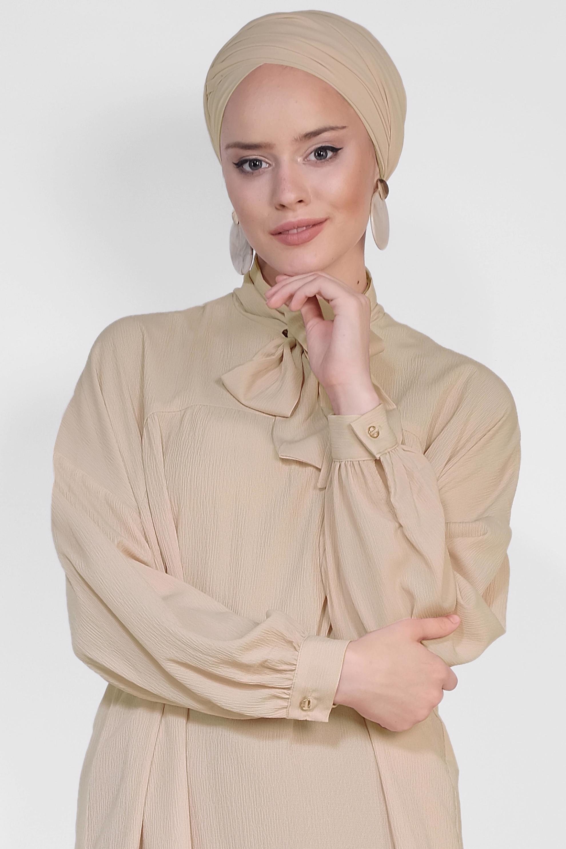 Tesettür giyim BEJ YAKASI BAĞCIKLI BALON KOL TUNİK 4111