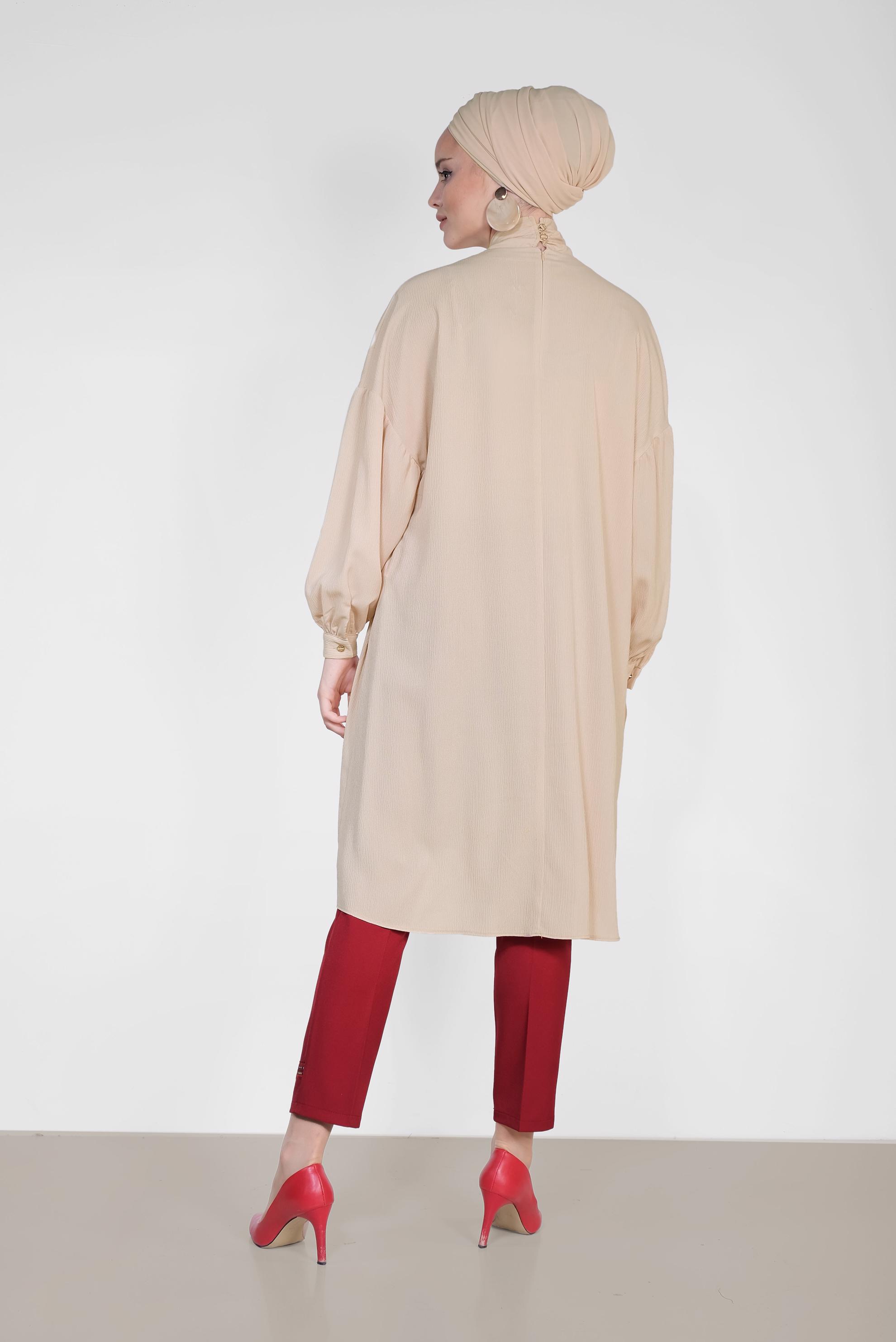 Tesettür giyim BEJ YAKASI BAĞCIKLI BALON KOL TUNİK 4111