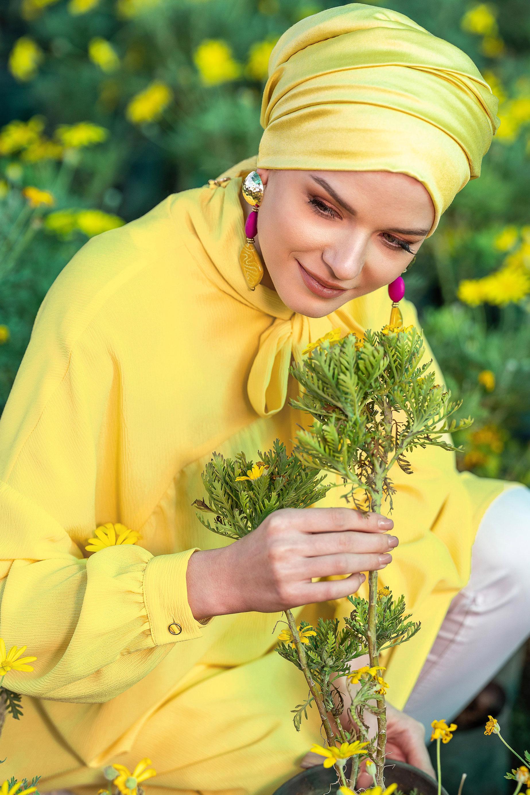 Tesettür giyim SARI YAKASI BAĞCIKLI BALON KOL TUNİK 4111
