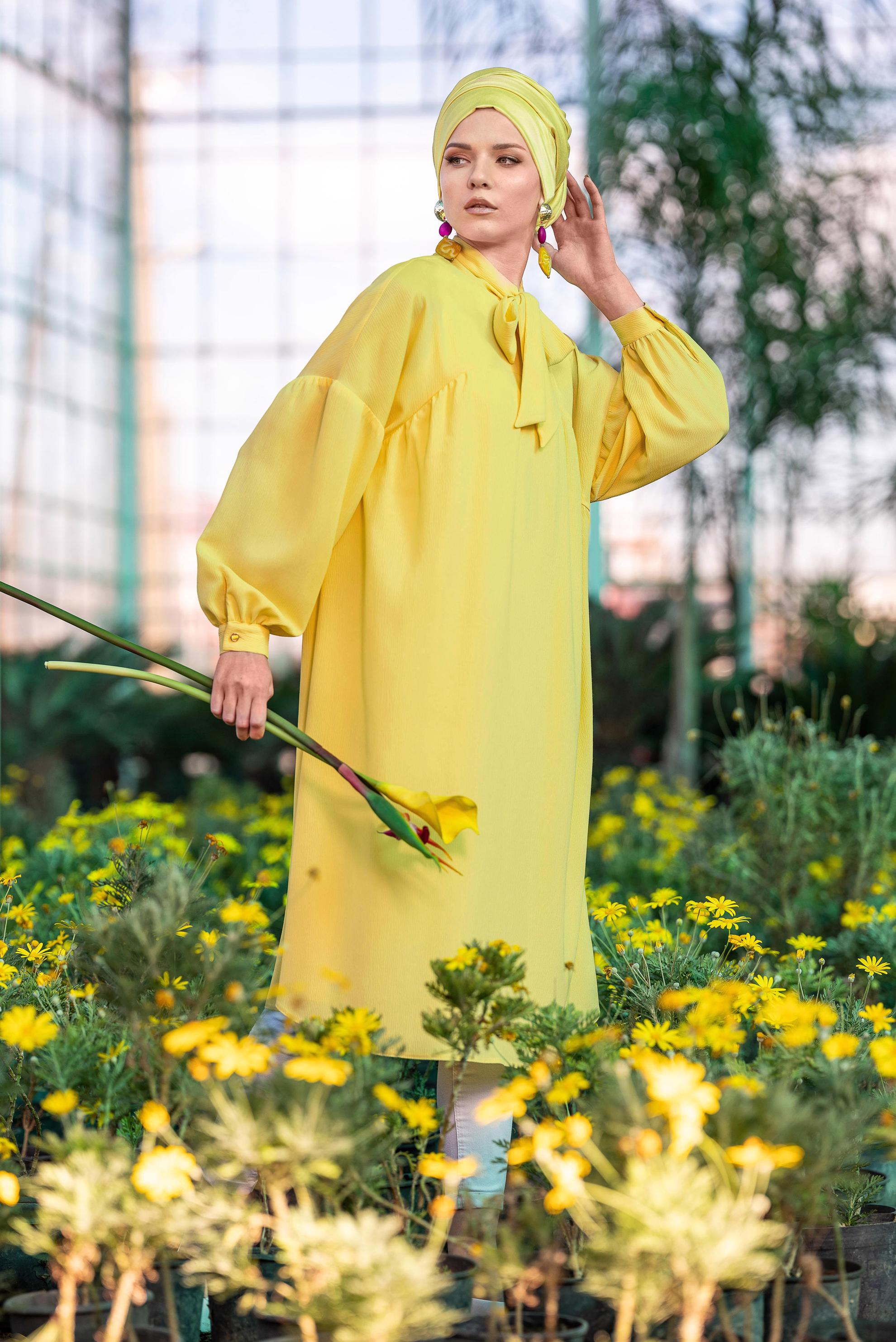 Tesettür giyim SARI YAKASI BAĞCIKLI BALON KOL TUNİK 4111