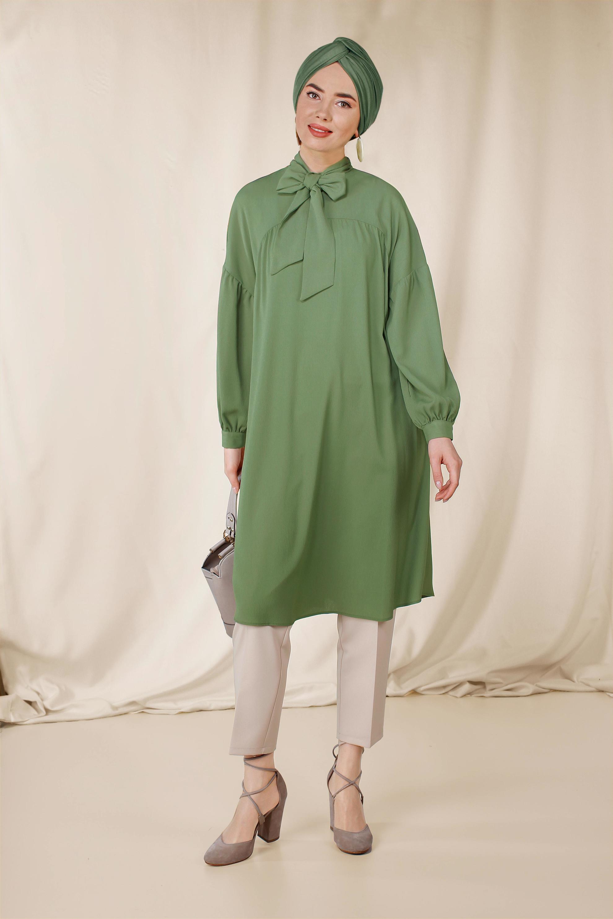 Tesettür giyim HAKİ YAKASI BAĞCIKLI BALON KOL TUNİK 4111