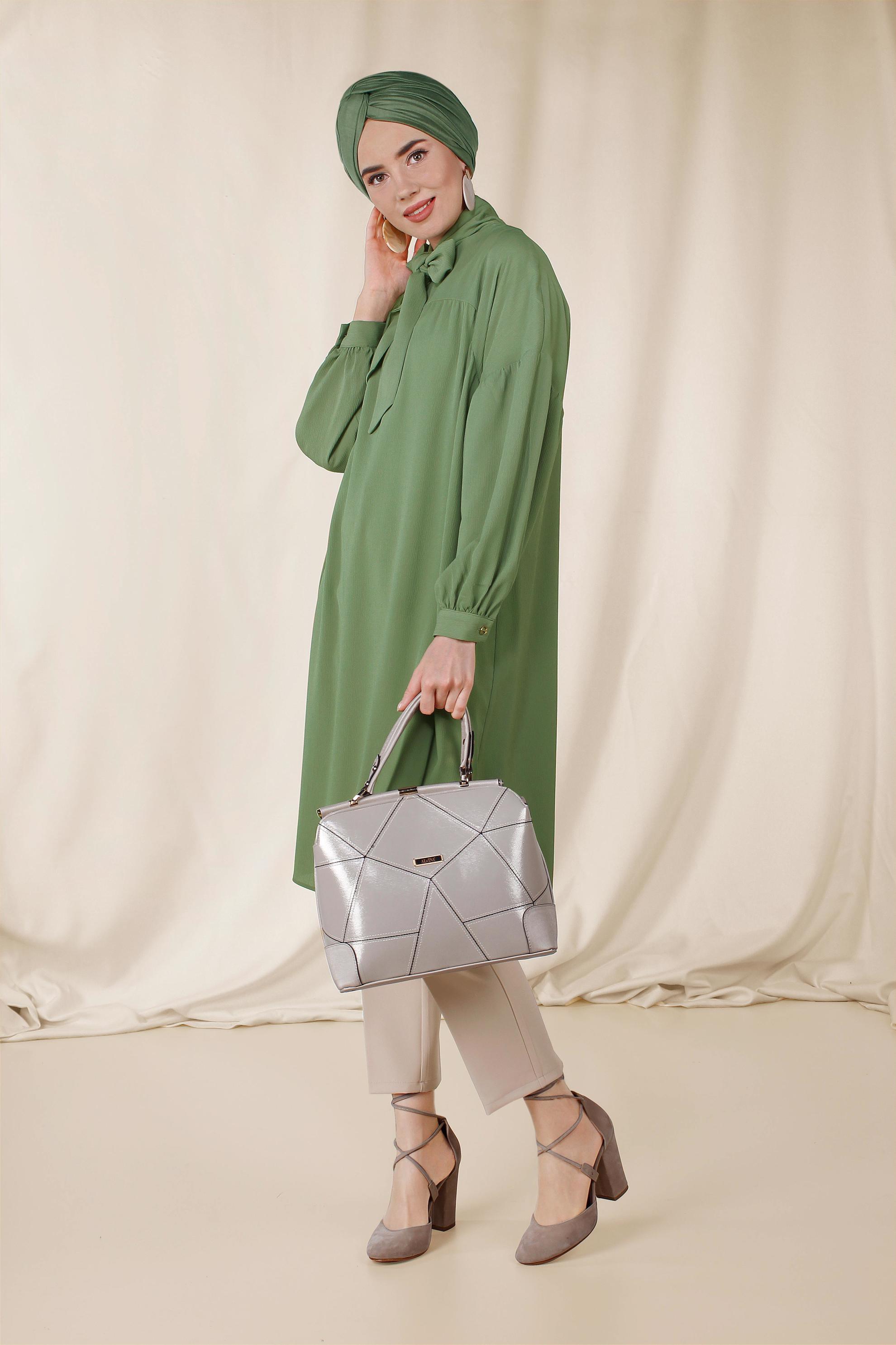 Tesettür giyim HAKİ YAKASI BAĞCIKLI BALON KOL TUNİK 4111