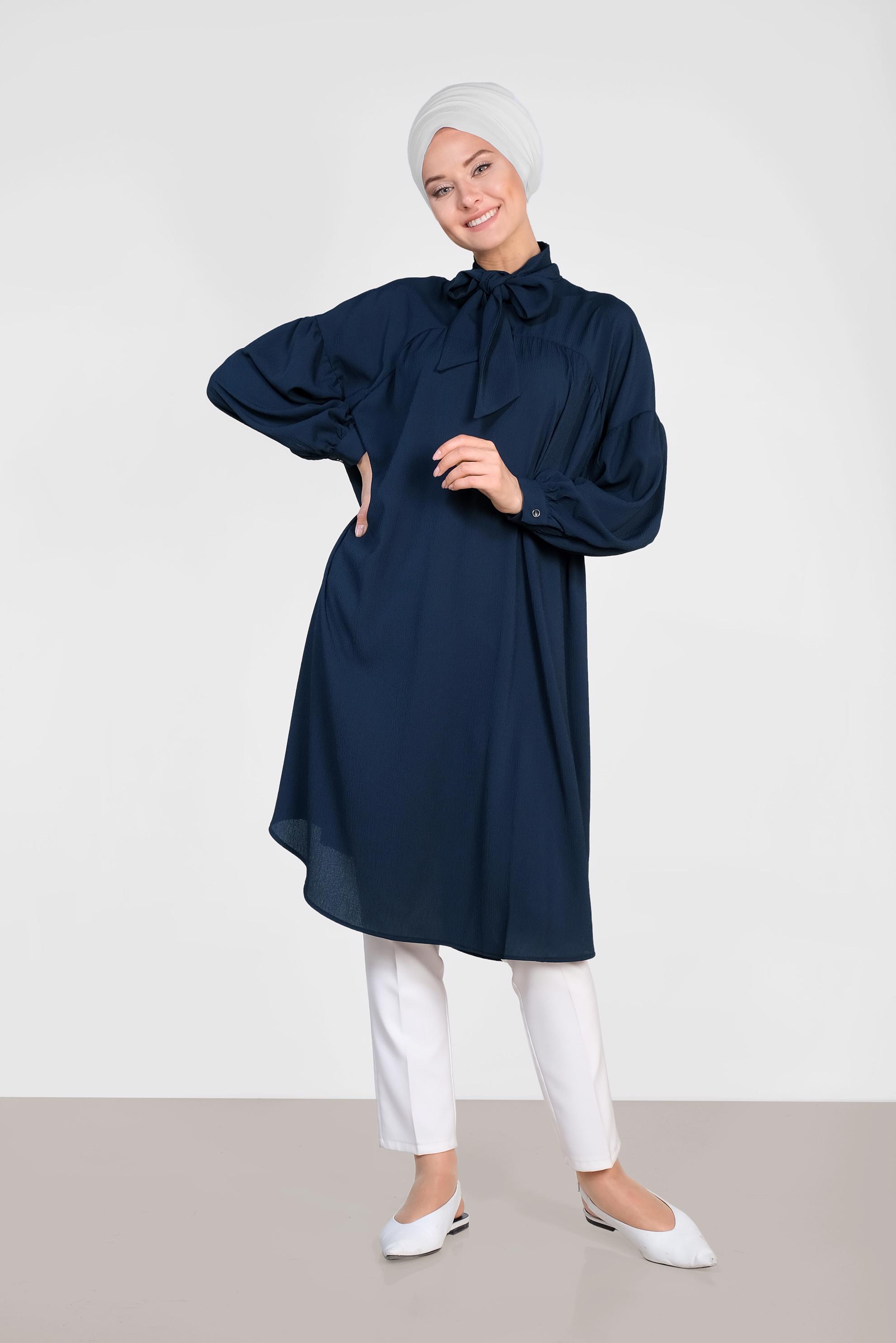 Tesettür giyim LACİVERT YAKASI BAĞCIKLI BALON KOL TUNİK 4111