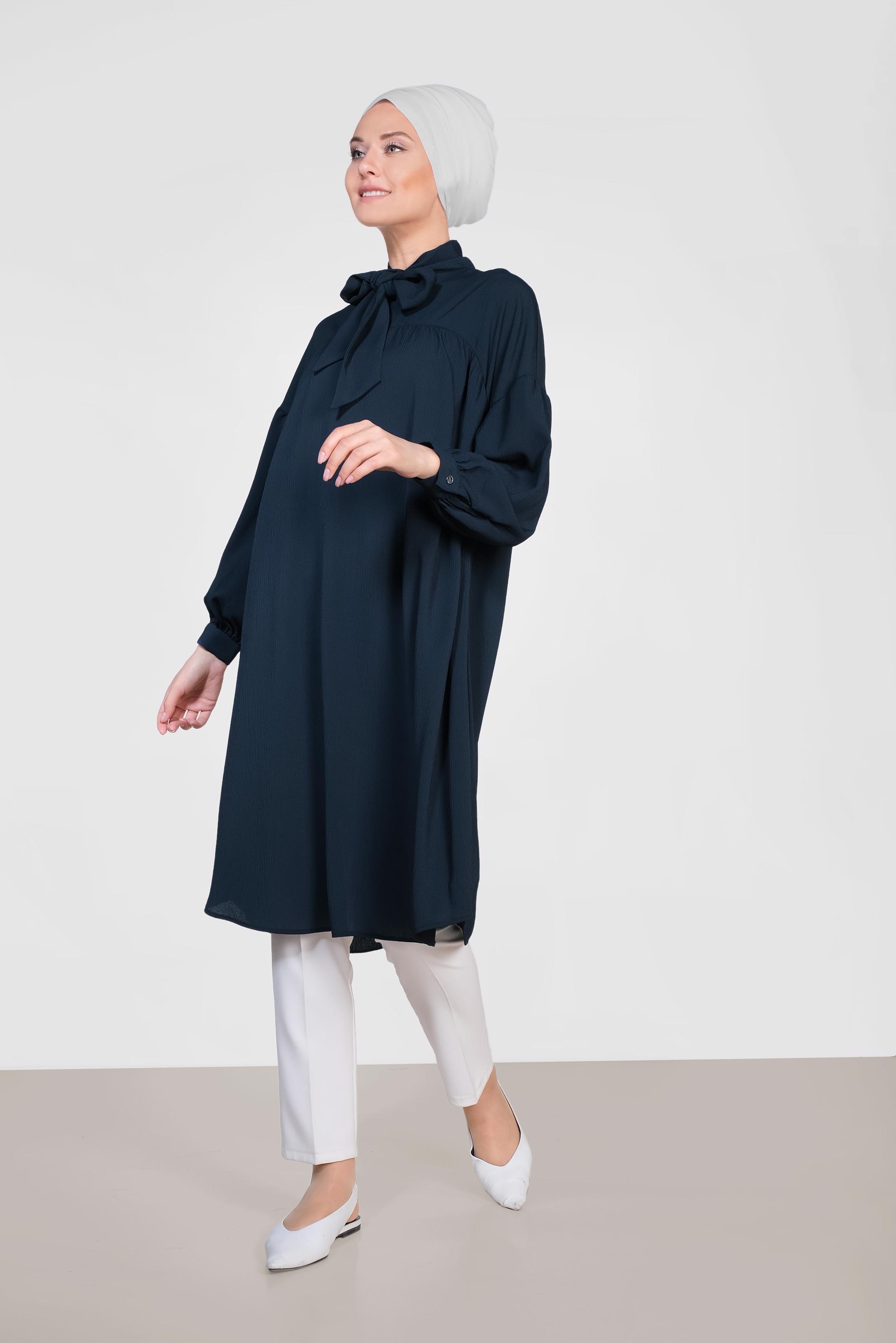 Tesettür giyim LACİVERT YAKASI BAĞCIKLI BALON KOL TUNİK 4111