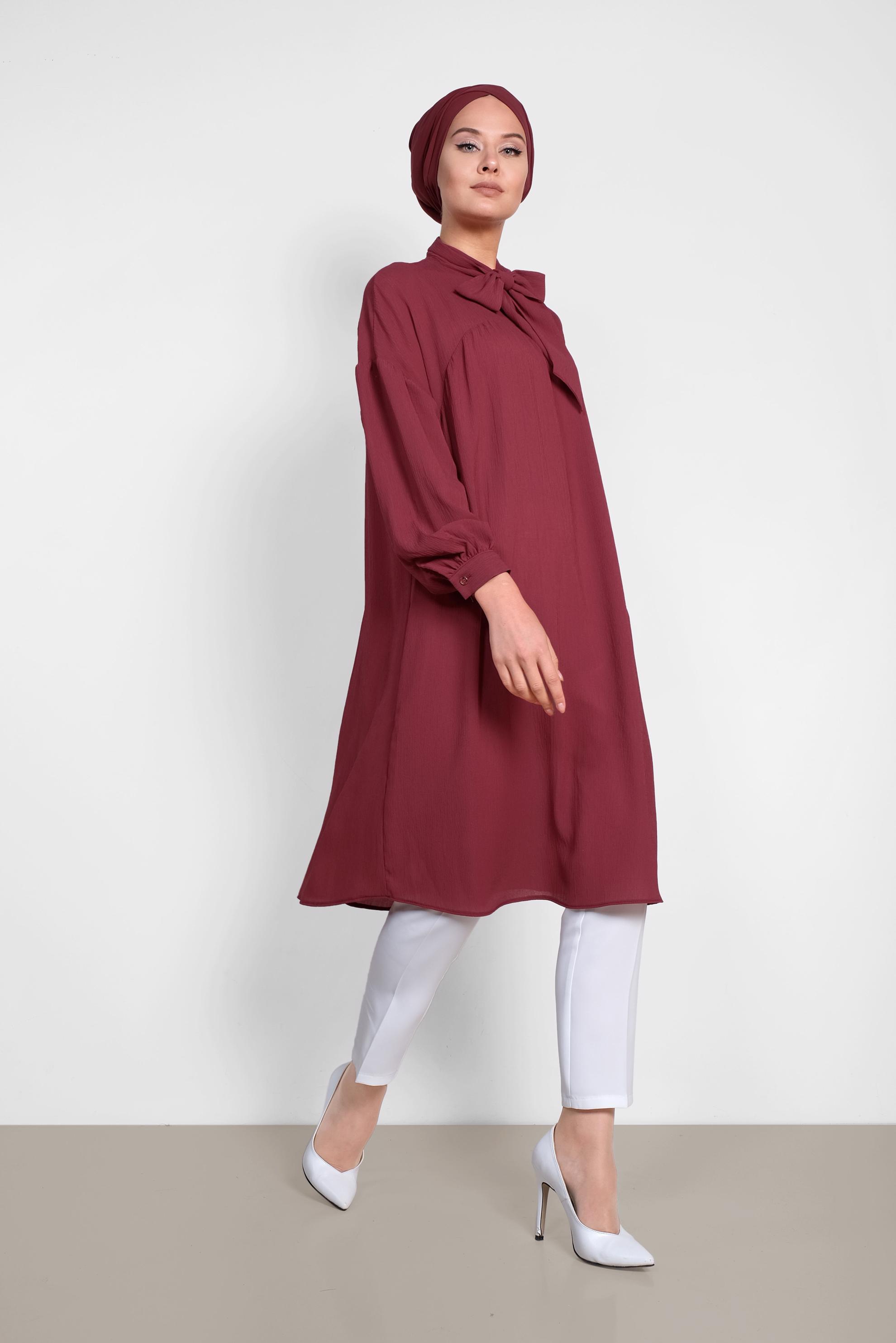 Tesettür giyim BORDO YAKASI BAĞCIKLI BALON KOL TUNİK 4111