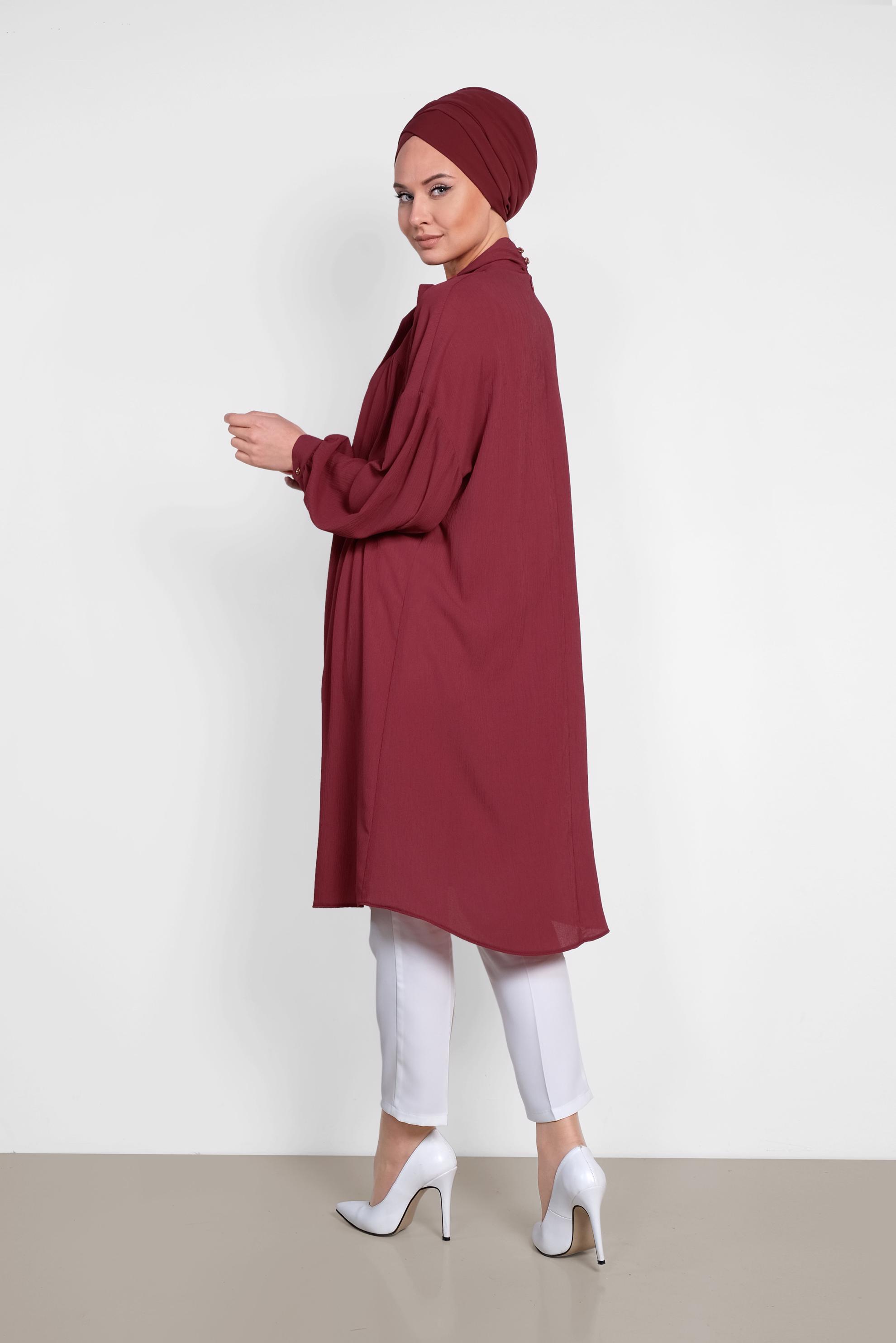 Tesettür giyim BORDO YAKASI BAĞCIKLI BALON KOL TUNİK 4111