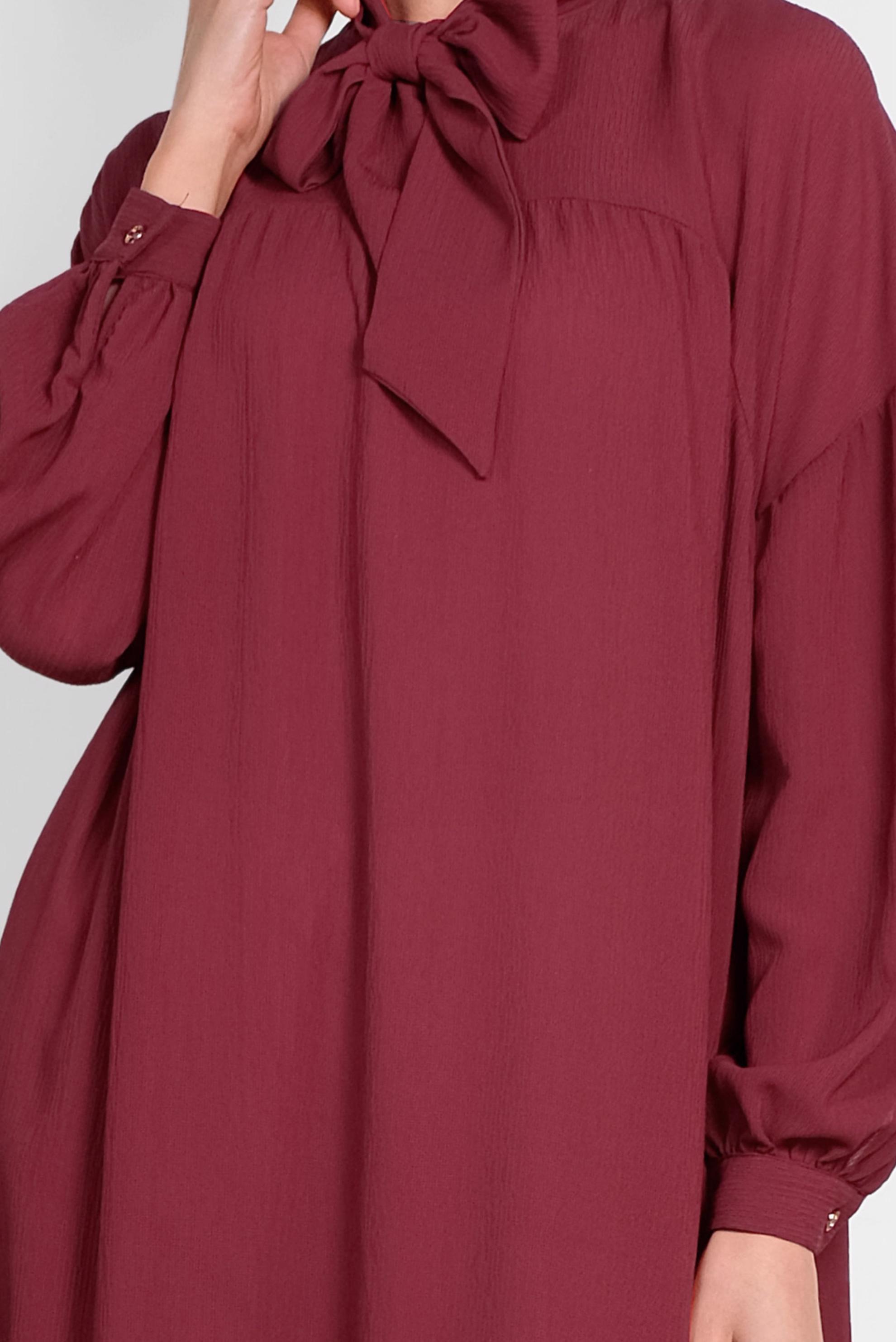 Tesettür giyim BORDO YAKASI BAĞCIKLI BALON KOL TUNİK 4111