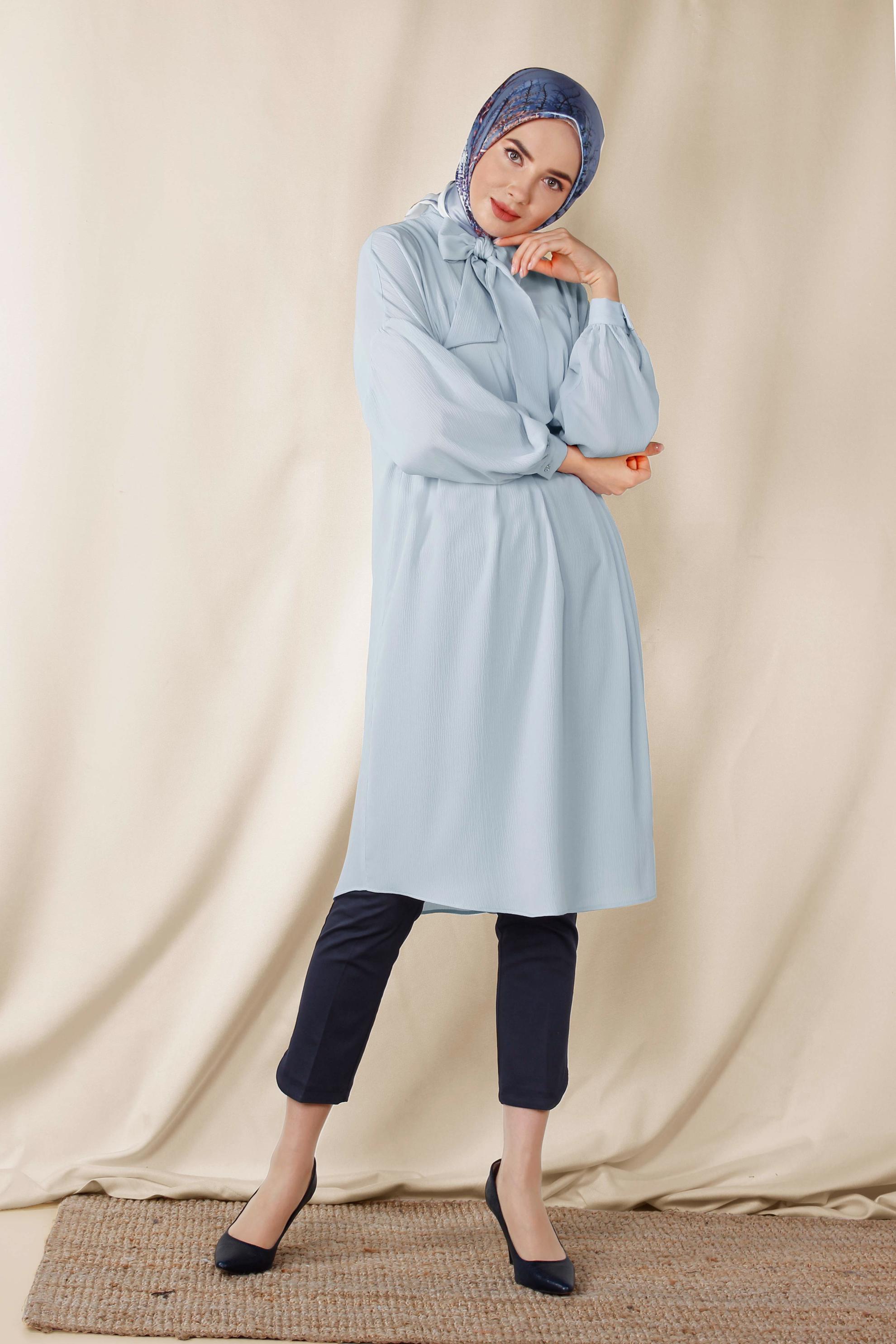 Tesettür giyim MAVİ YAKASI BAĞCIKLI BALON KOL TUNİK 4111
