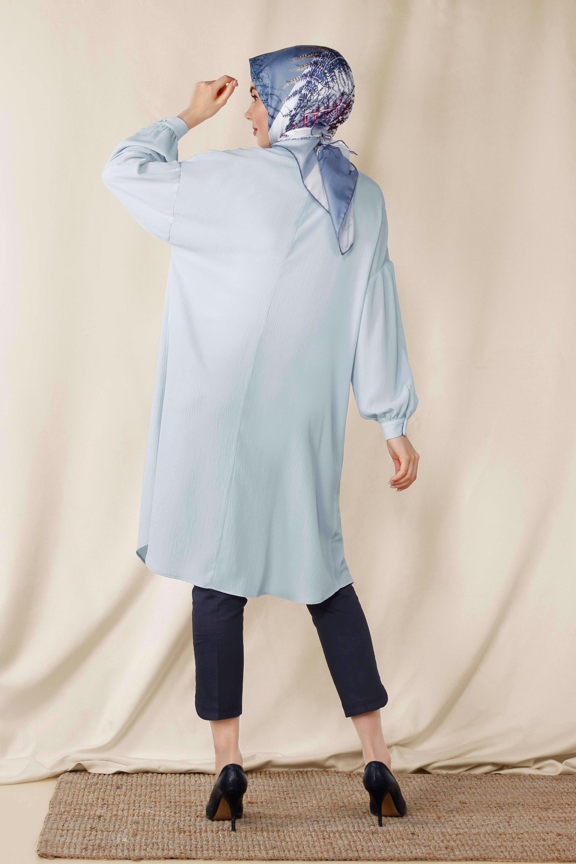 Tesettür giyim MAVİ YAKASI BAĞCIKLI BALON KOL TUNİK 4111