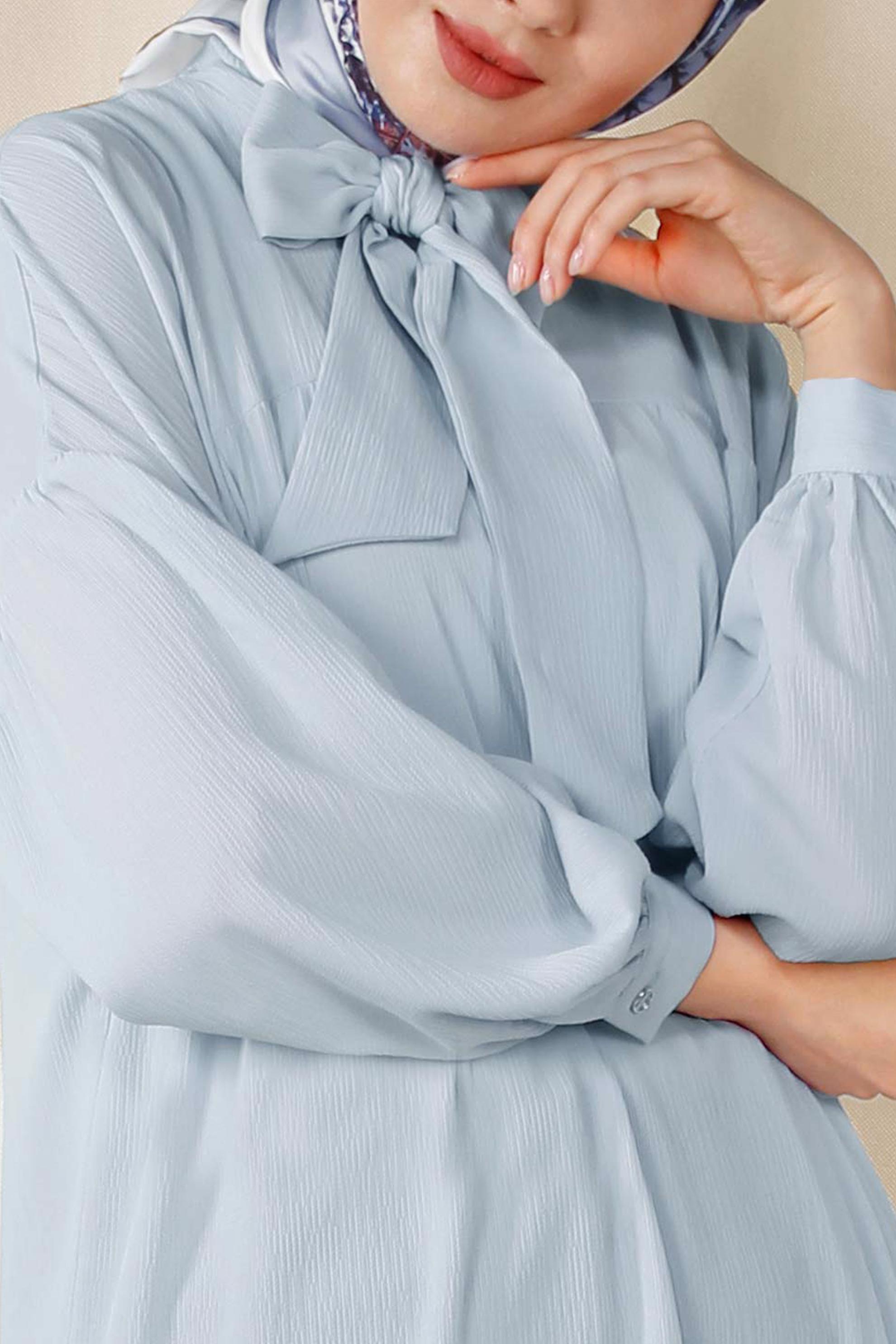 Tesettür giyim MAVİ YAKASI BAĞCIKLI BALON KOL TUNİK 4111