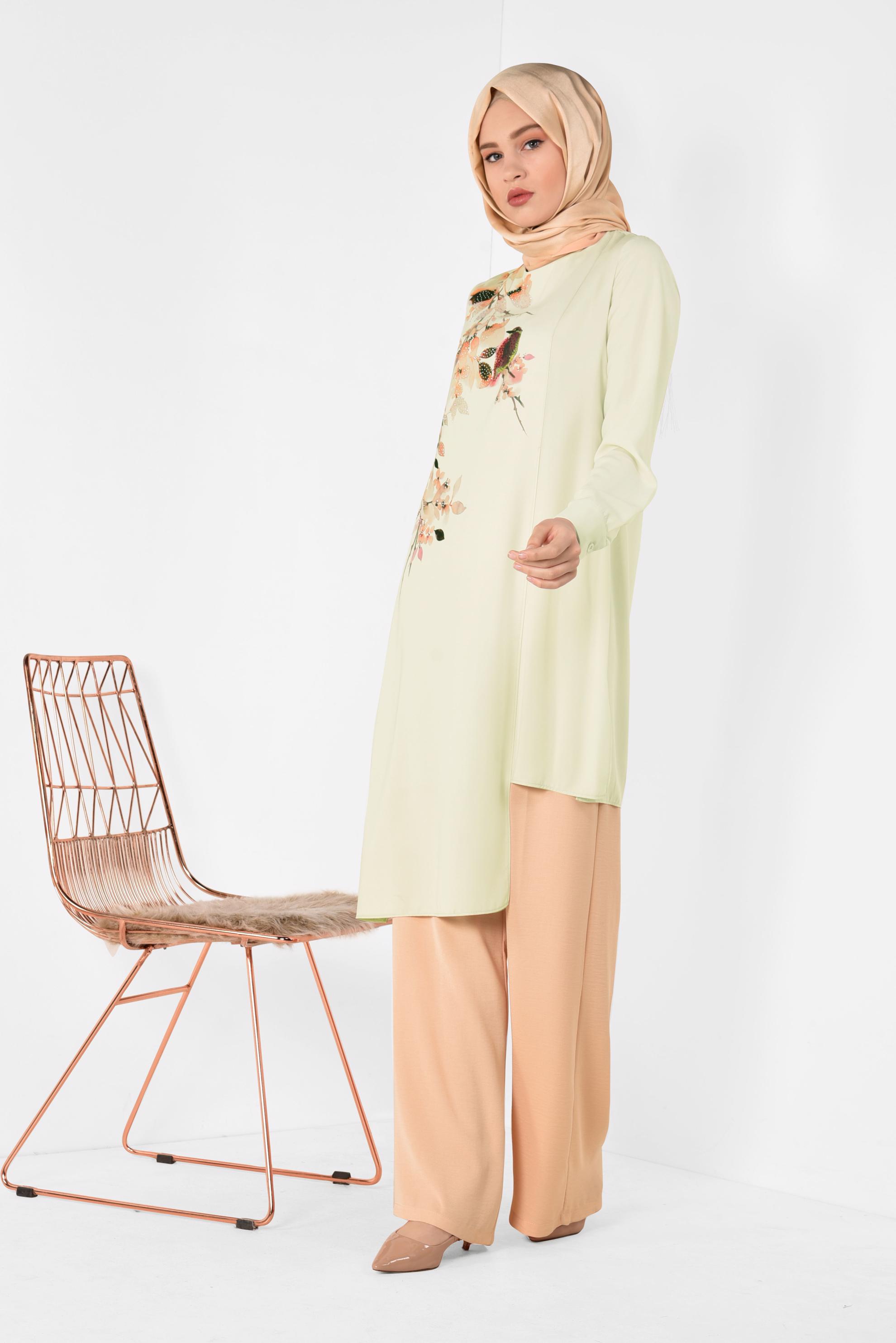 Tesettür giyim BEJ ASİMETRİK KESİM FLORAL DESENLİ TUNİK 4117