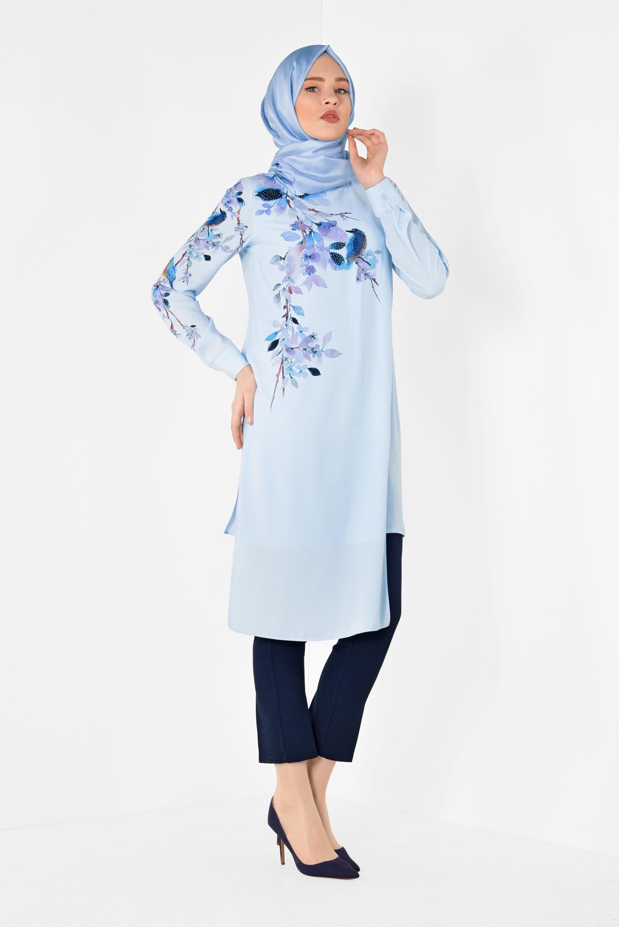 Tesettür giyim MAVİ ASİMETRİK KESİM FLORAL DESENLİ TUNİK 4117