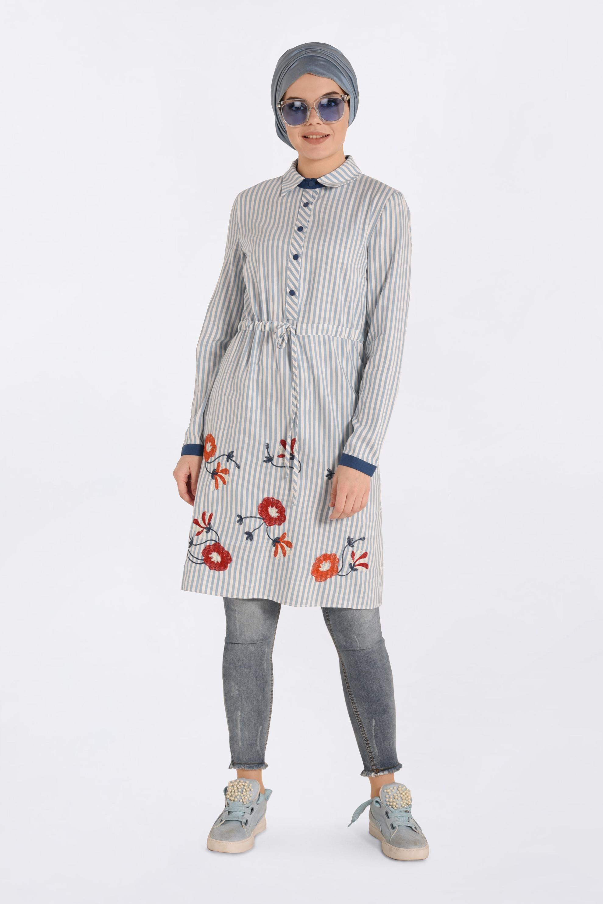 Tesettür giyim MAVİ BELİ BÜZGÜLÜ ÇİZGİ DESENLİ TUNİK 4119 