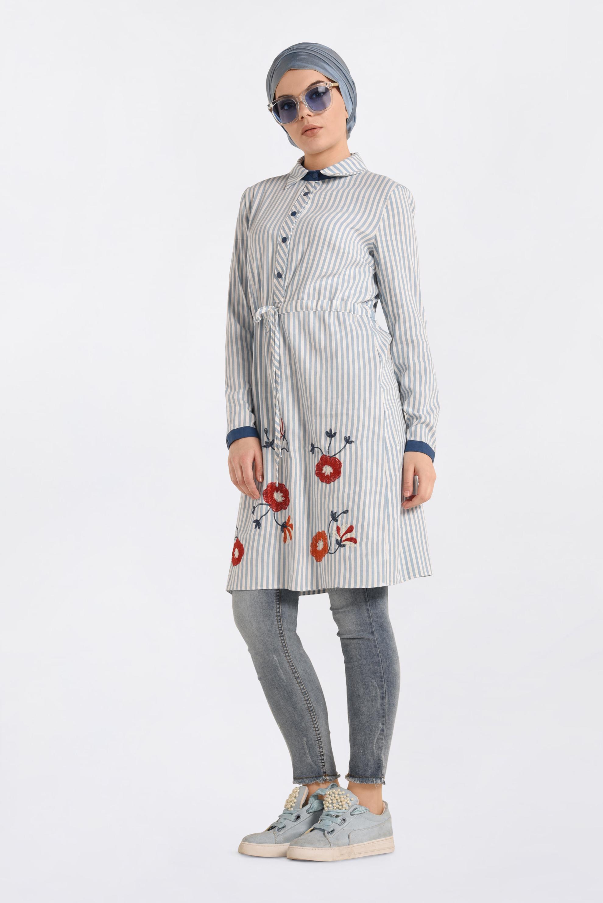 Tesettür giyim MAVİ BELİ BÜZGÜLÜ ÇİZGİ DESENLİ TUNİK 4119 