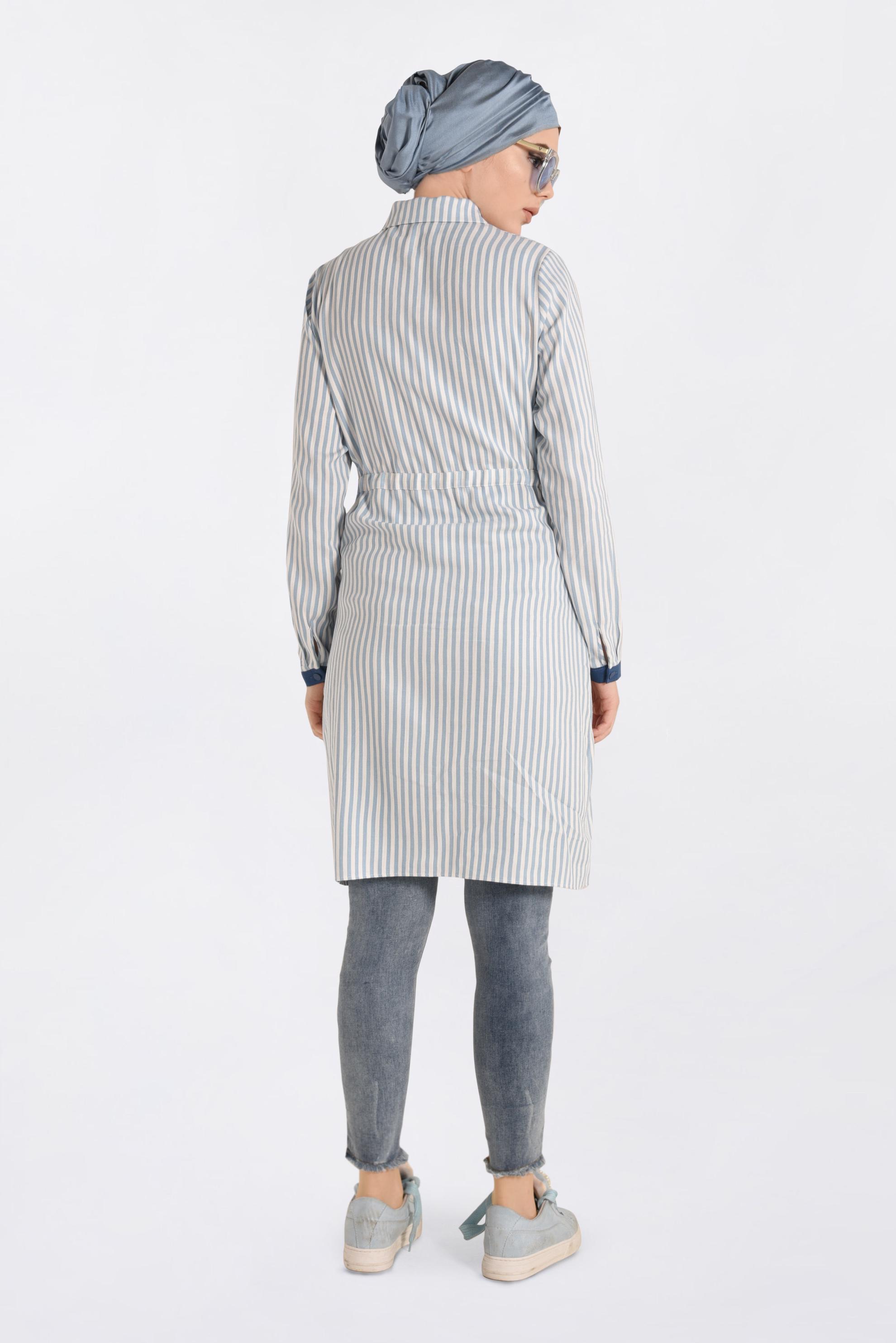 Tesettür giyim MAVİ BELİ BÜZGÜLÜ ÇİZGİ DESENLİ TUNİK 4119 