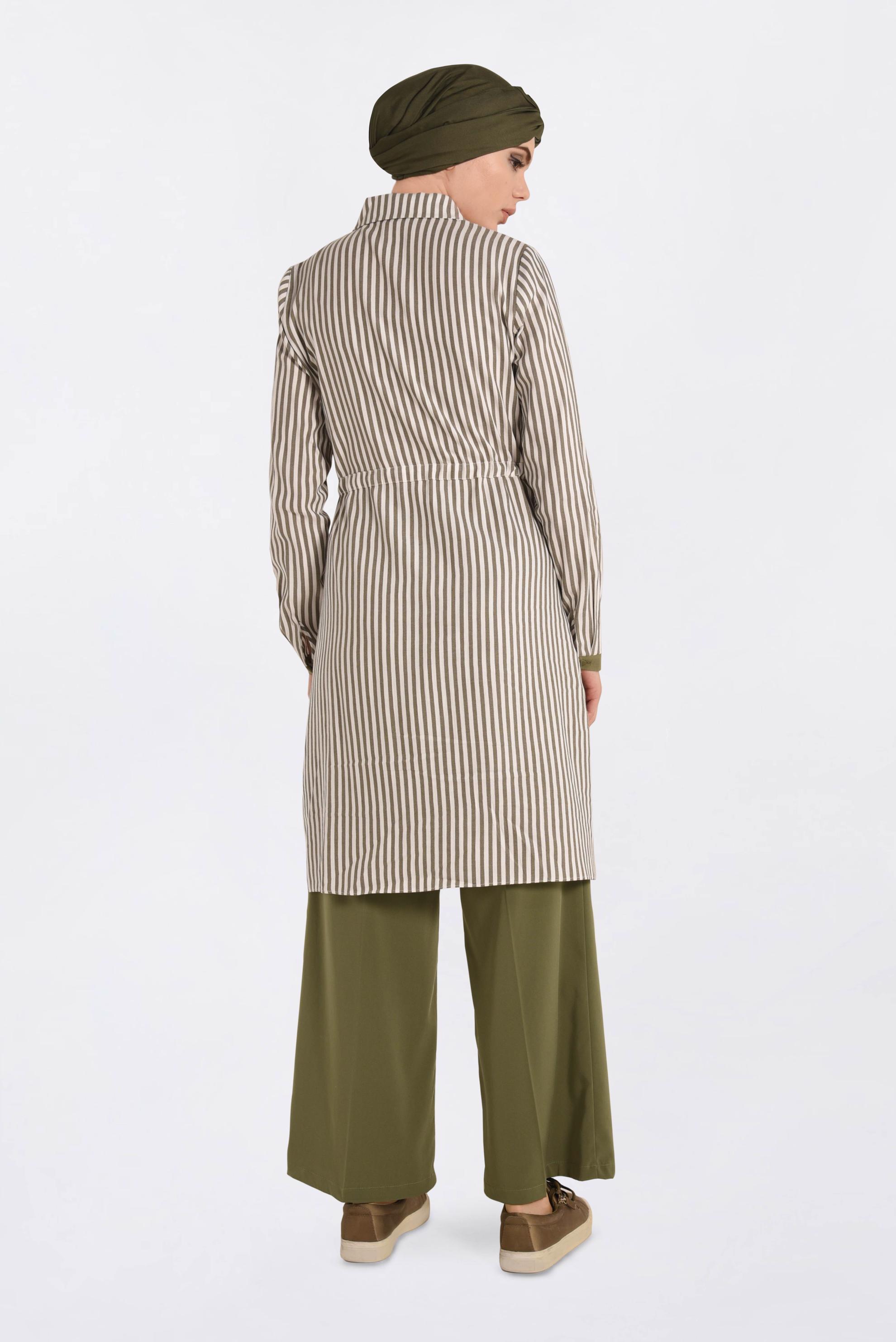 Tesettür giyim HAKİ BELİ BÜZGÜLÜ ÇİZGİ DESENLİ TUNİK 4119 