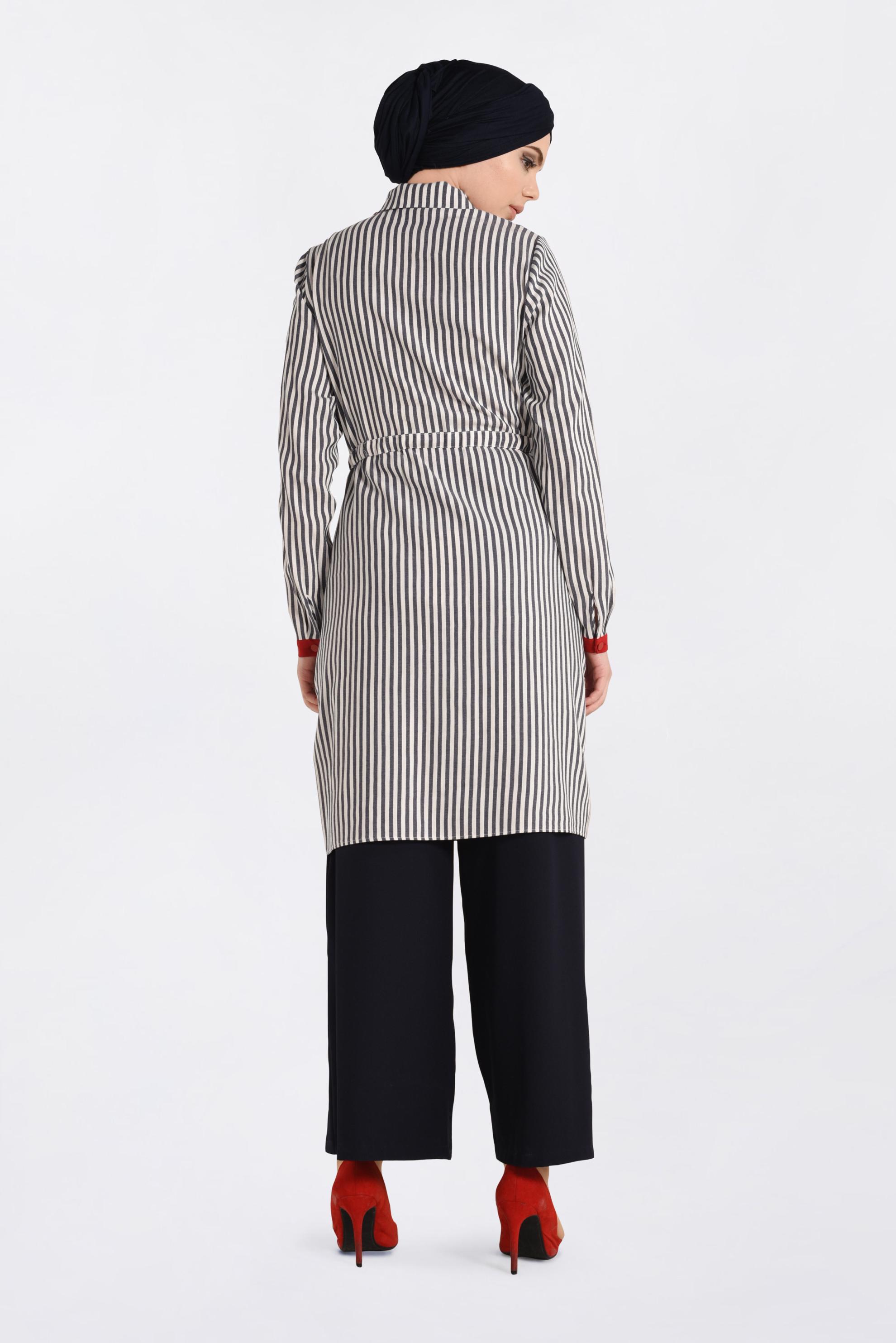 Tesettür giyim LACİVERT BELİ BÜZGÜLÜ ÇİZGİ DESENLİ TUNİK 4119 