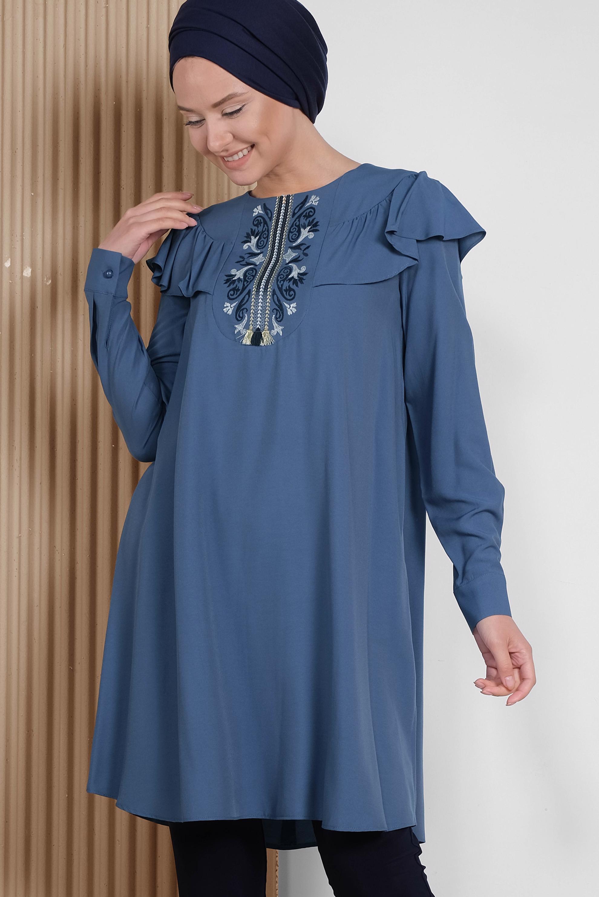 Tesettür giyim LACİVERT PUL VE İŞLEME DETAYLI OMUZLARI VOLANLI TUNİK 4120