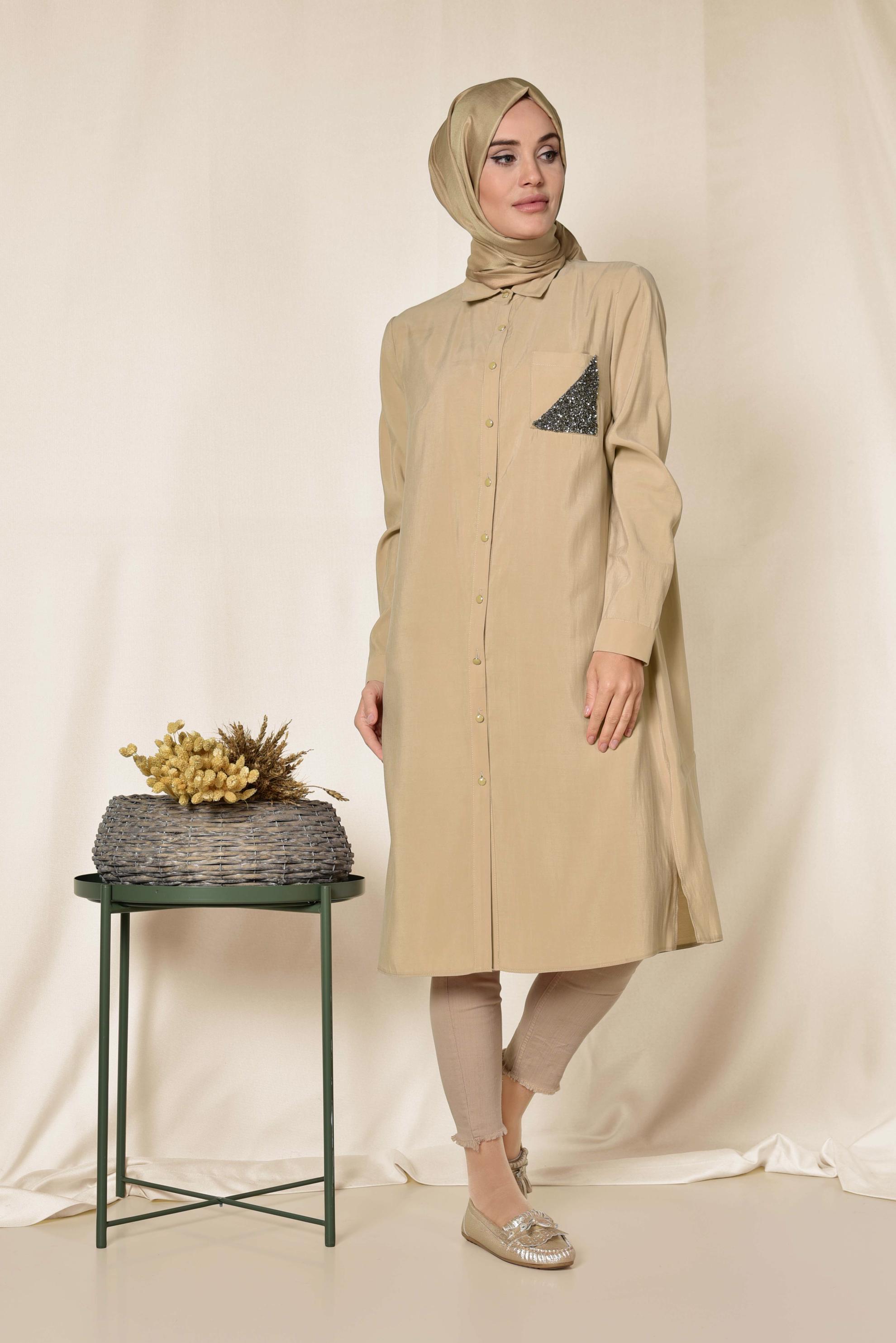 Tesettür giyim KAHVE YANLARI YIRTMAÇLI CEBİ SİMLİ UZUN TUNİK 4124