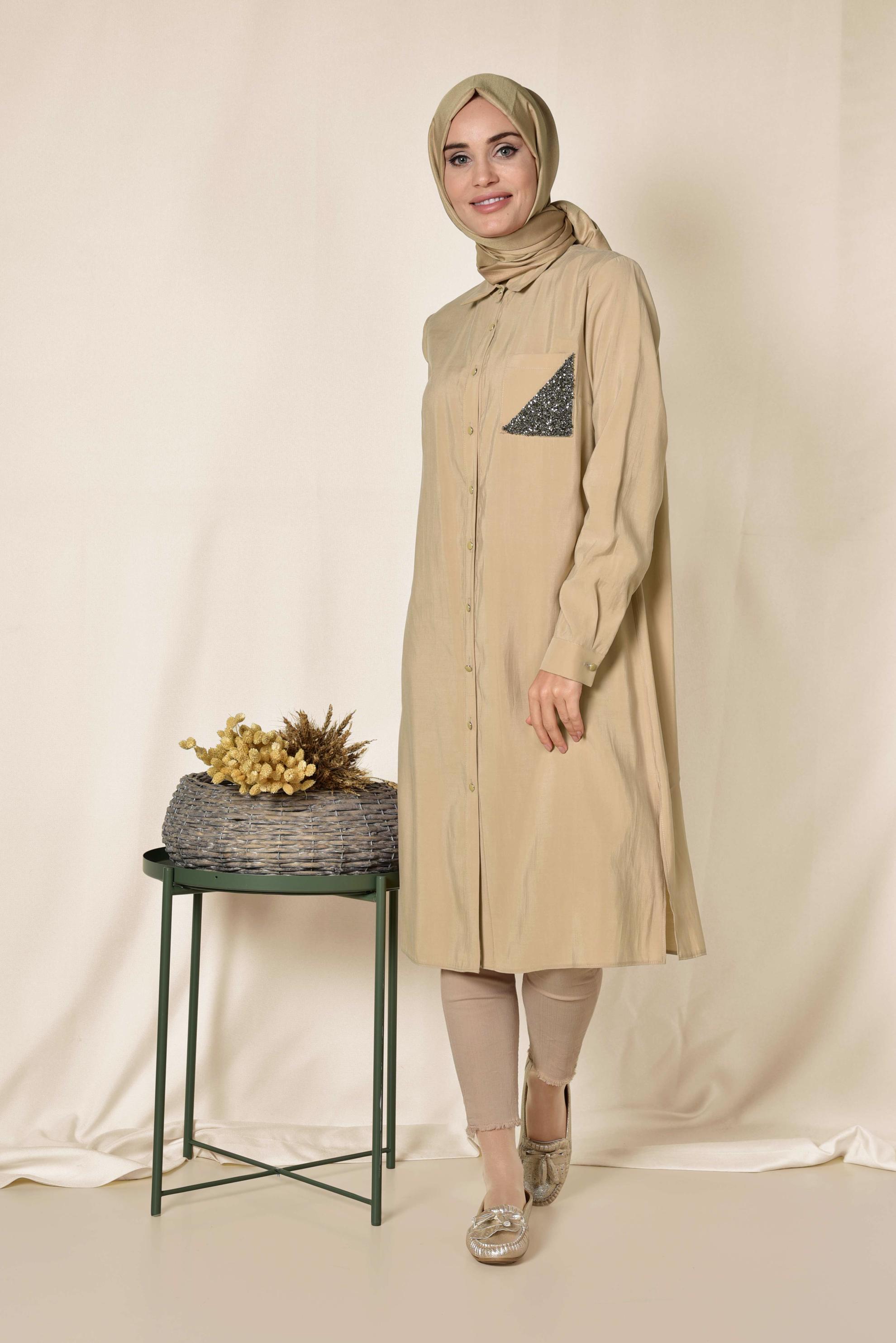 Tesettür giyim KAHVE YANLARI YIRTMAÇLI CEBİ SİMLİ UZUN TUNİK 4124