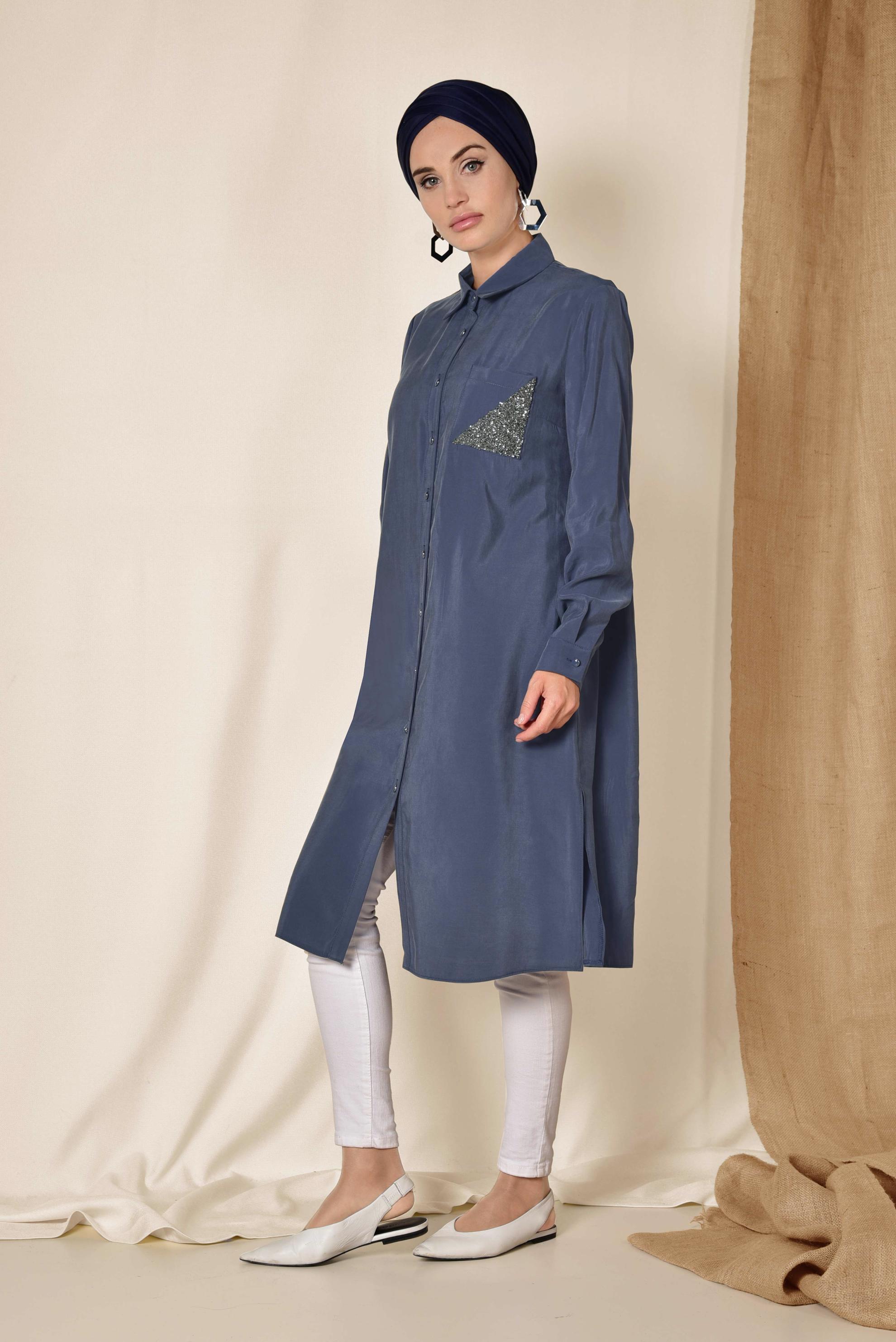 Tesettür giyim LACİVERT YANLARI YIRTMAÇLI CEBİ SİMLİ UZUN TUNİK 4124