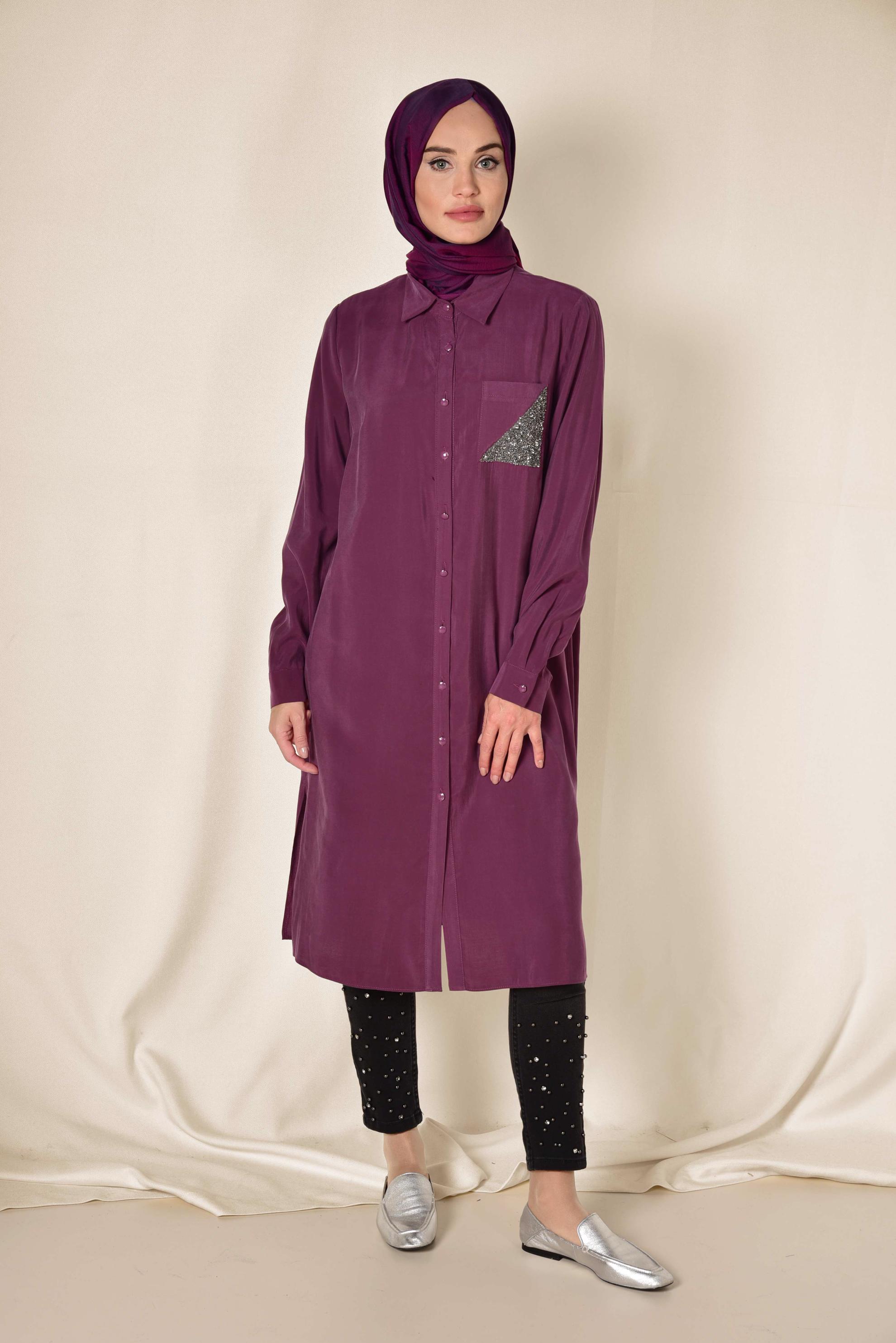 Tesettür giyim MOR YANLARI YIRTMAÇLI CEBİ SİMLİ UZUN TUNİK 4124