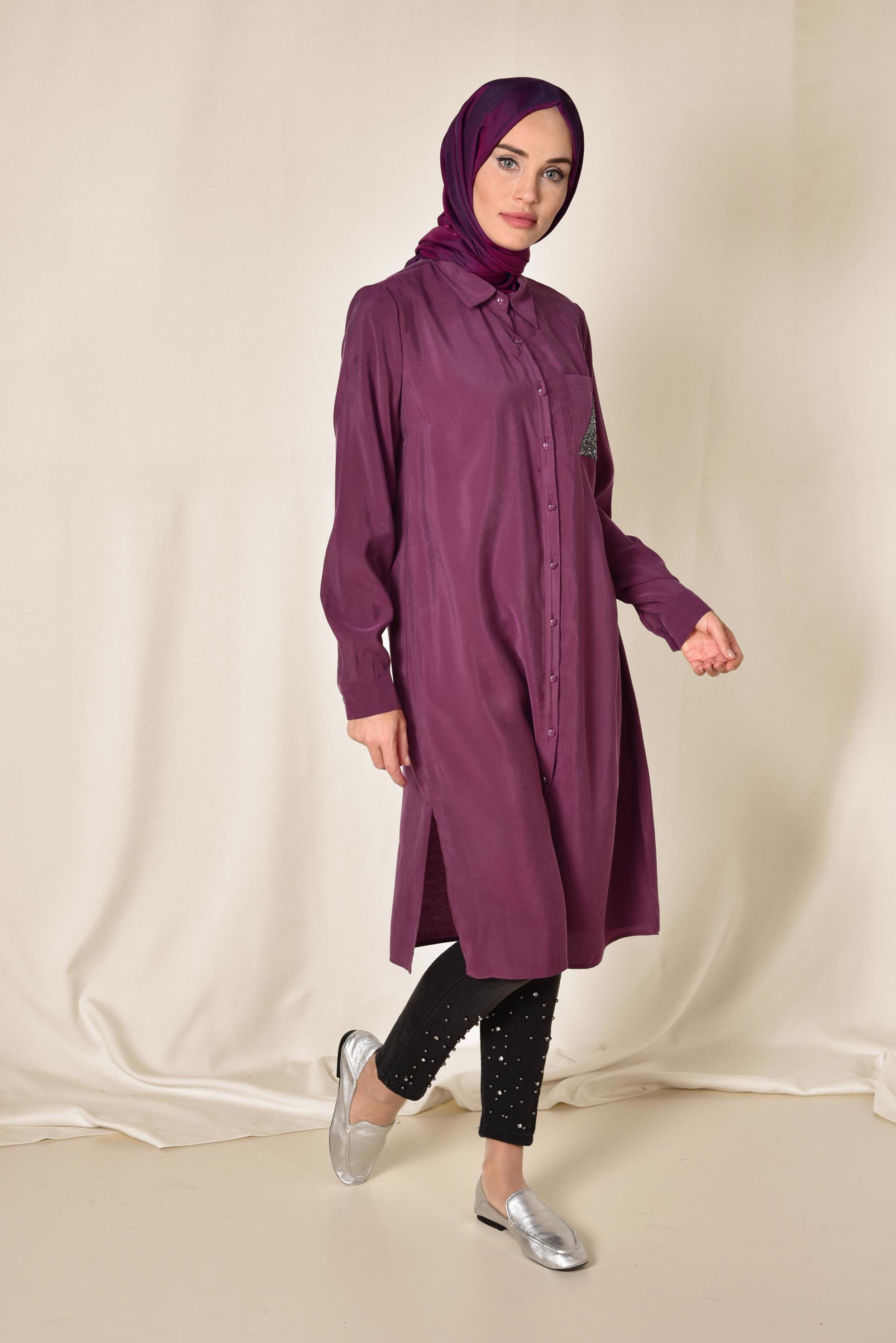 Tesettür giyim MOR YANLARI YIRTMAÇLI CEBİ SİMLİ UZUN TUNİK 4124