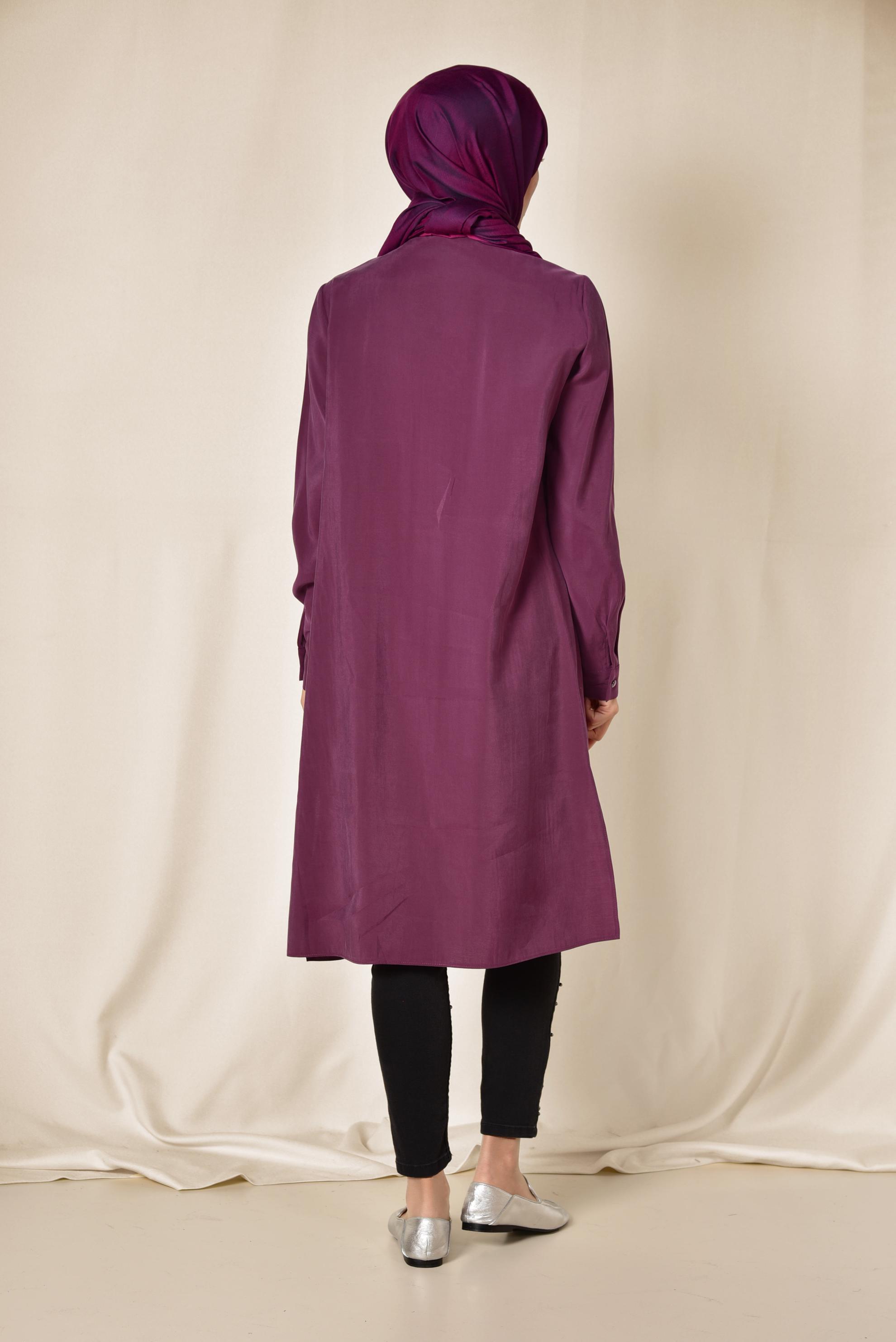 Tesettür giyim MOR YANLARI YIRTMAÇLI CEBİ SİMLİ UZUN TUNİK 4124