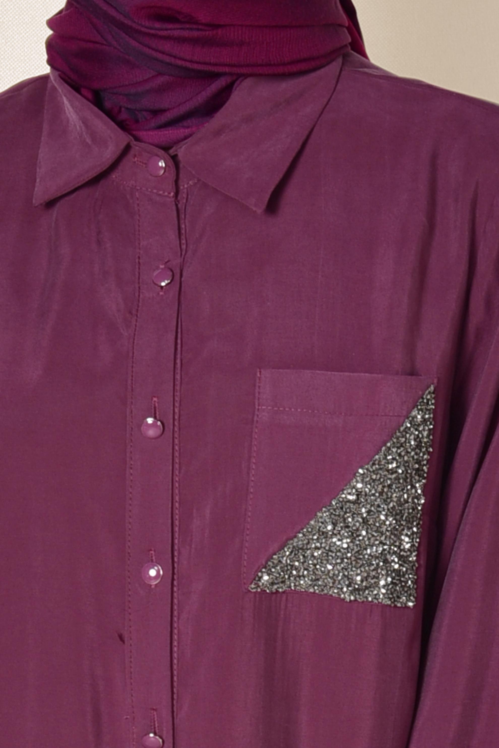 Tesettür giyim MOR YANLARI YIRTMAÇLI CEBİ SİMLİ UZUN TUNİK 4124